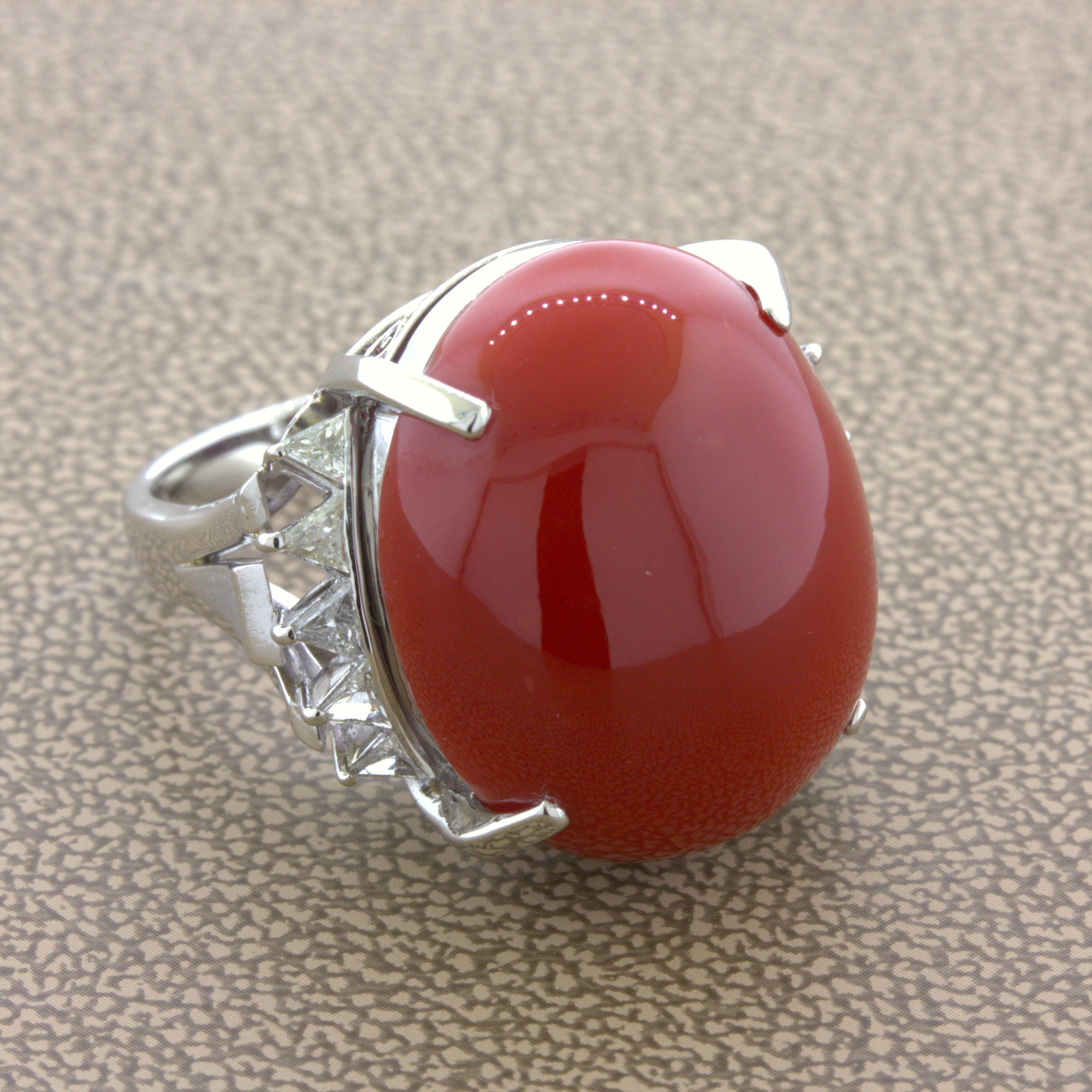 Cabochon Red Coral Diamond Platinum Cocktail Ring For Sale