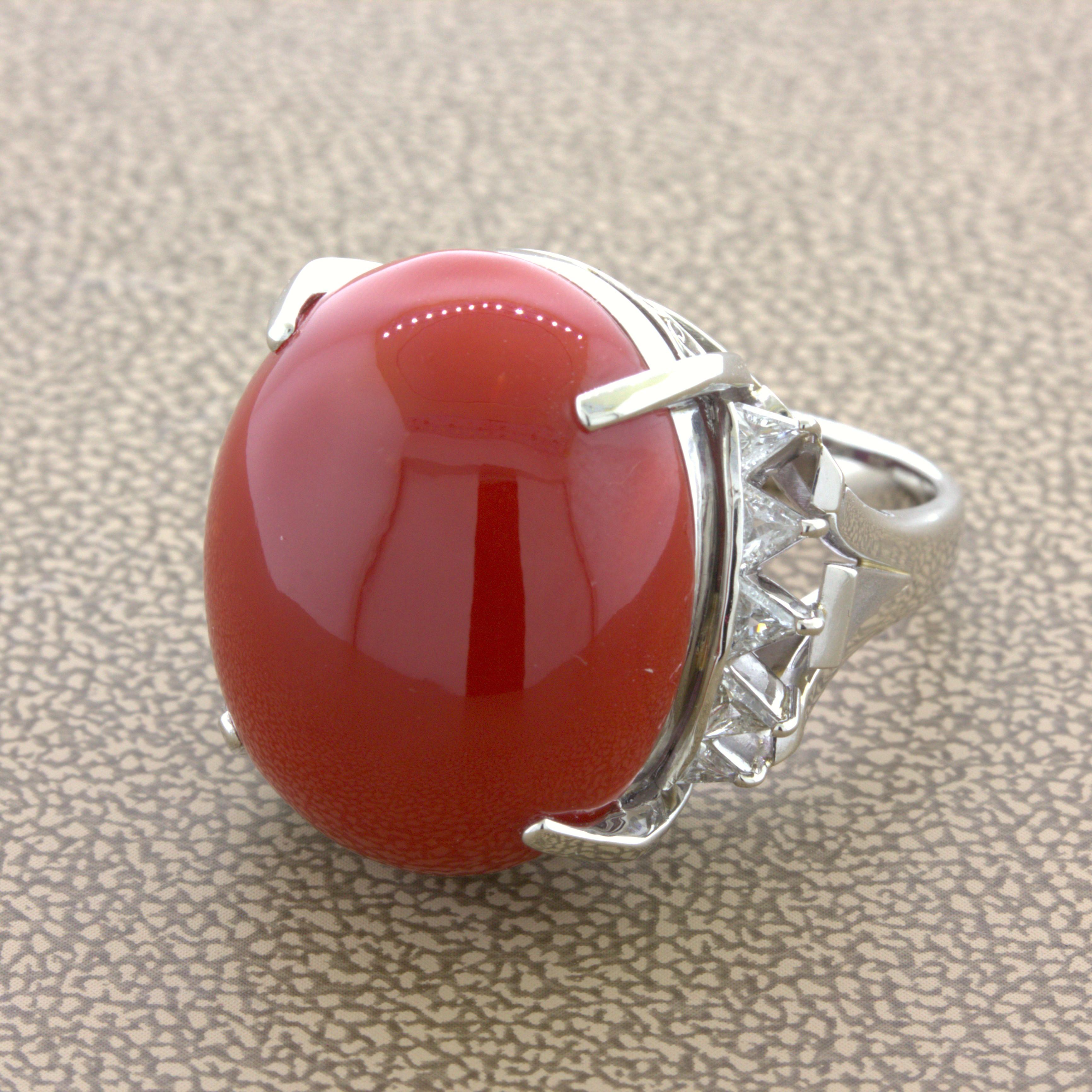 Red Coral Diamond Platinum Cocktail Ring In New Condition For Sale In Beverly Hills, CA