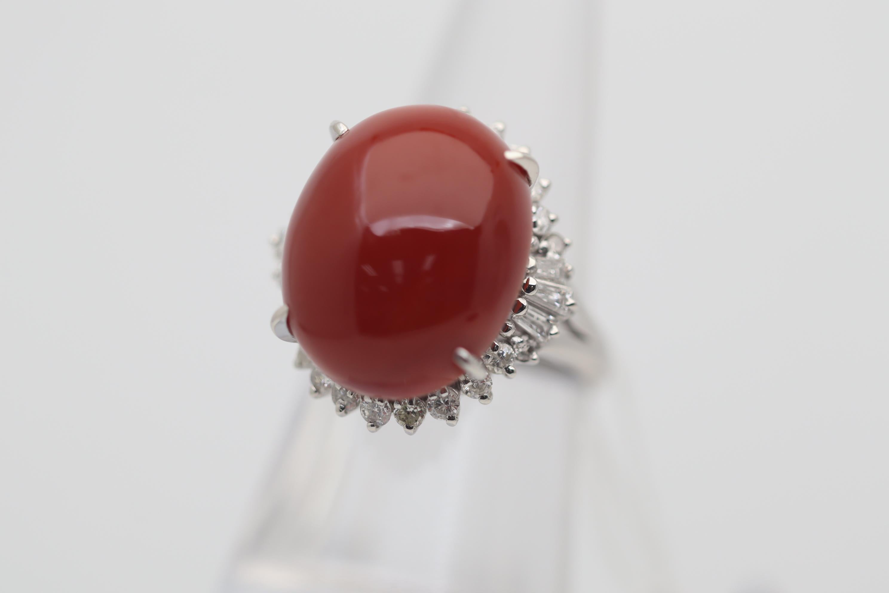 Women's Red Coral Diamond Platinum Cocktail Ring For Sale