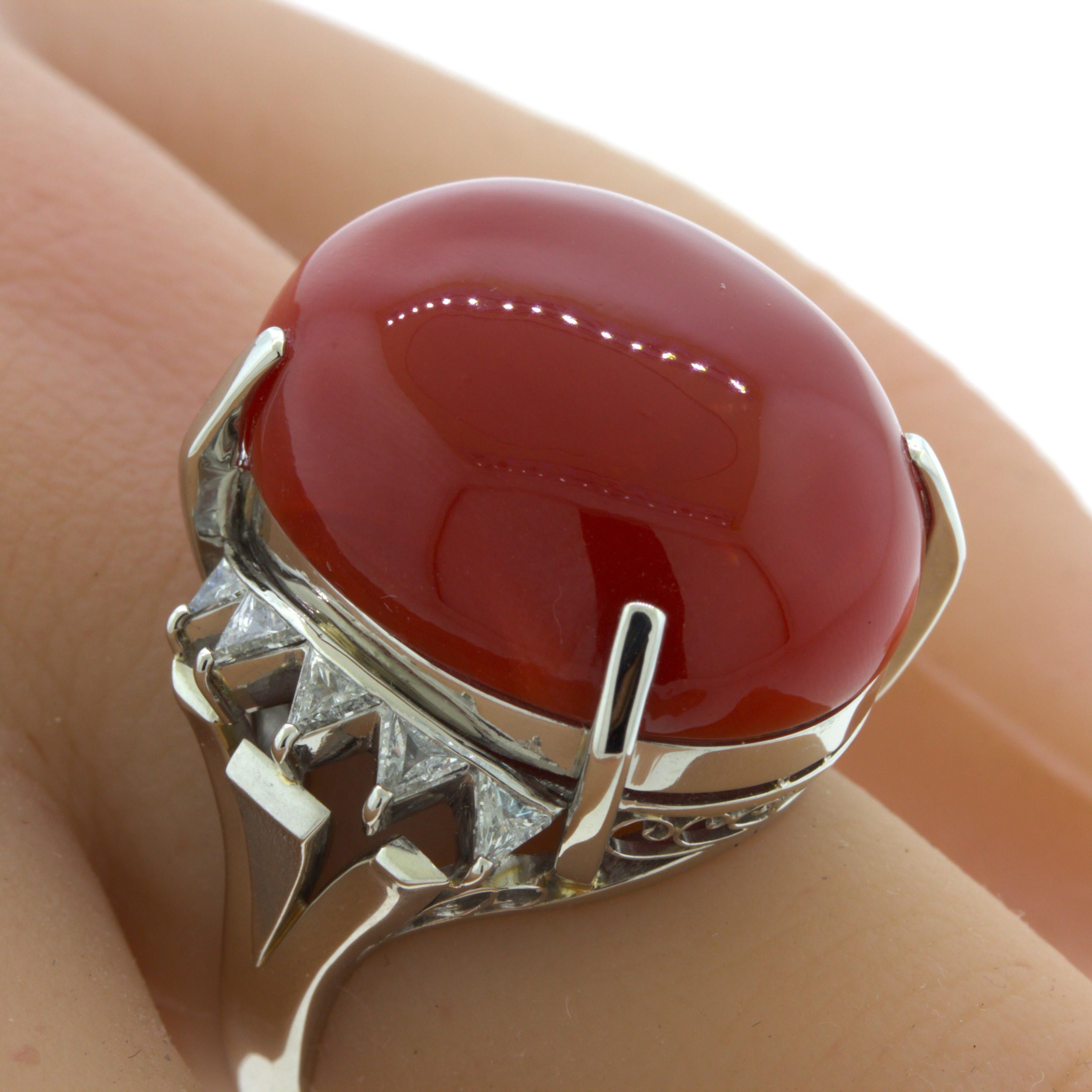 Red Coral Diamond Platinum Cocktail Ring For Sale 1