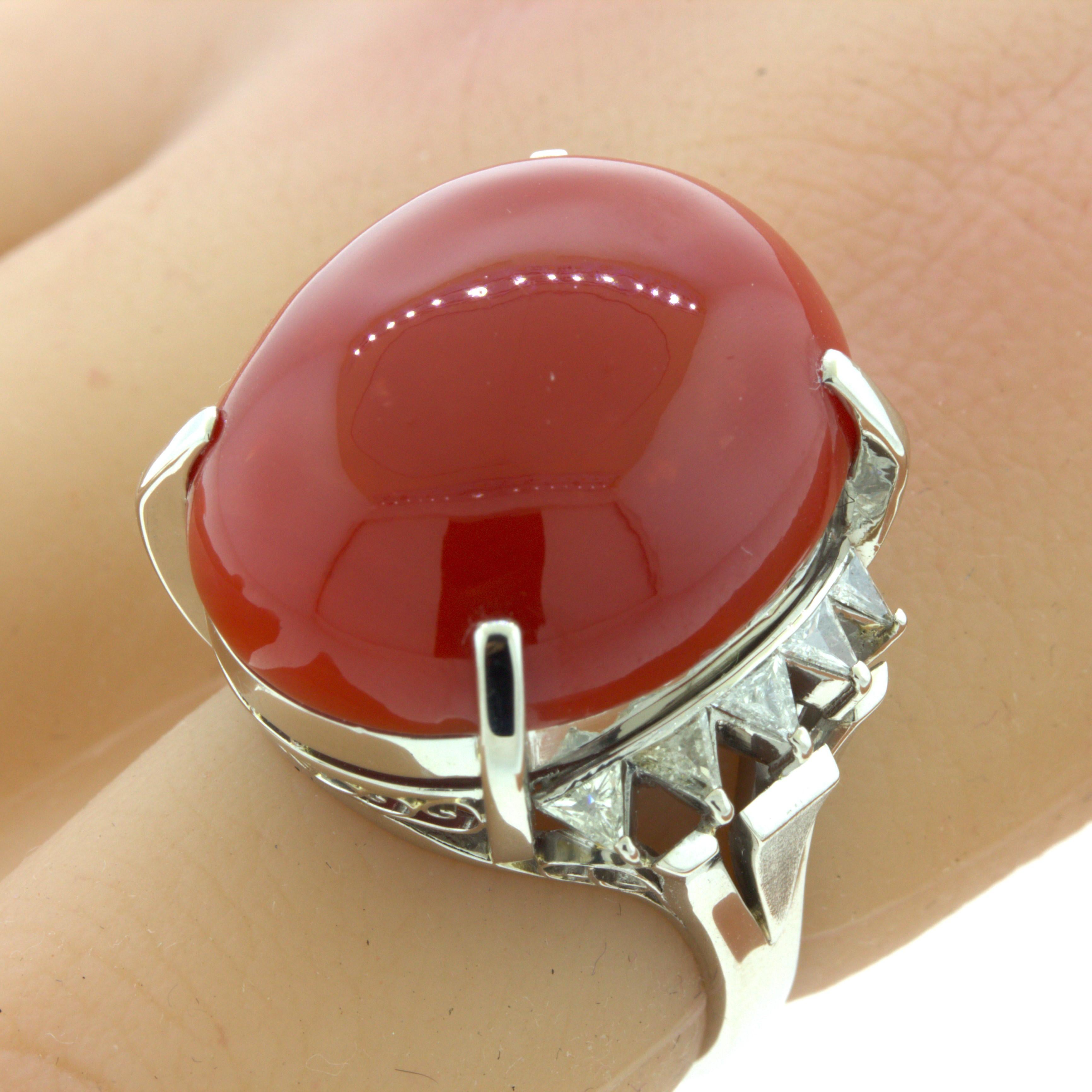 Red Coral Diamond Platinum Cocktail Ring For Sale 2