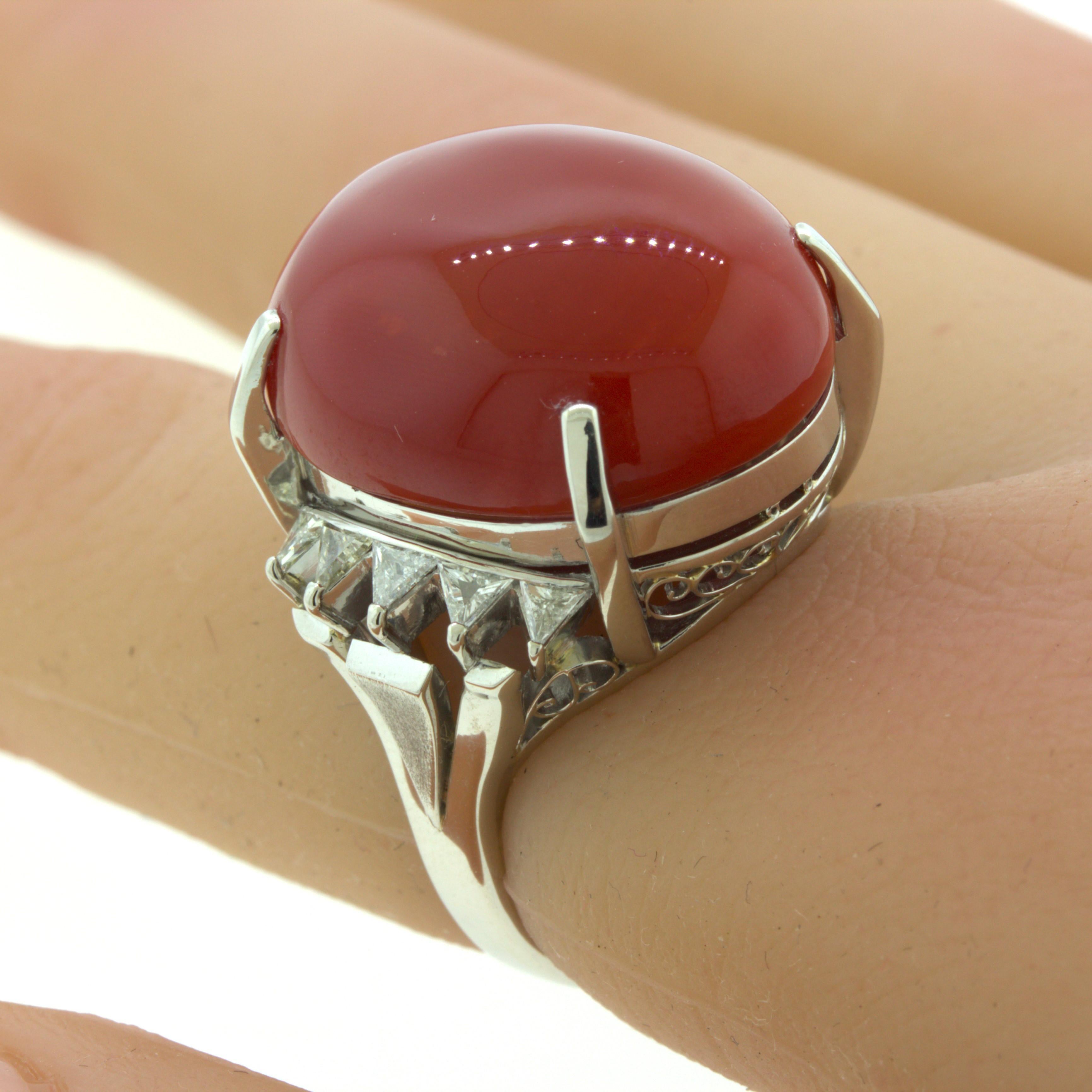 Red Coral Diamond Platinum Cocktail Ring For Sale 3
