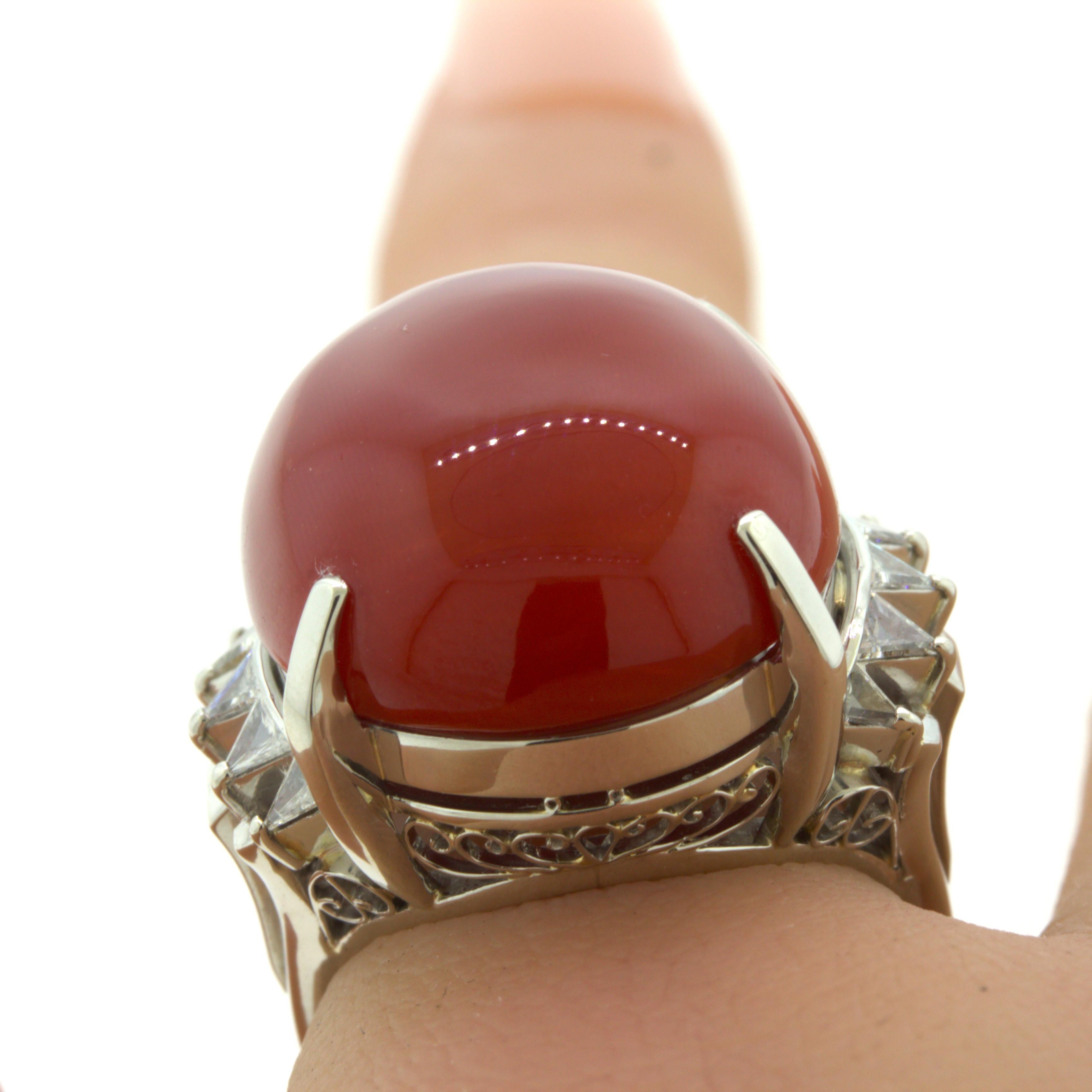 Red Coral Diamond Platinum Cocktail Ring For Sale 4