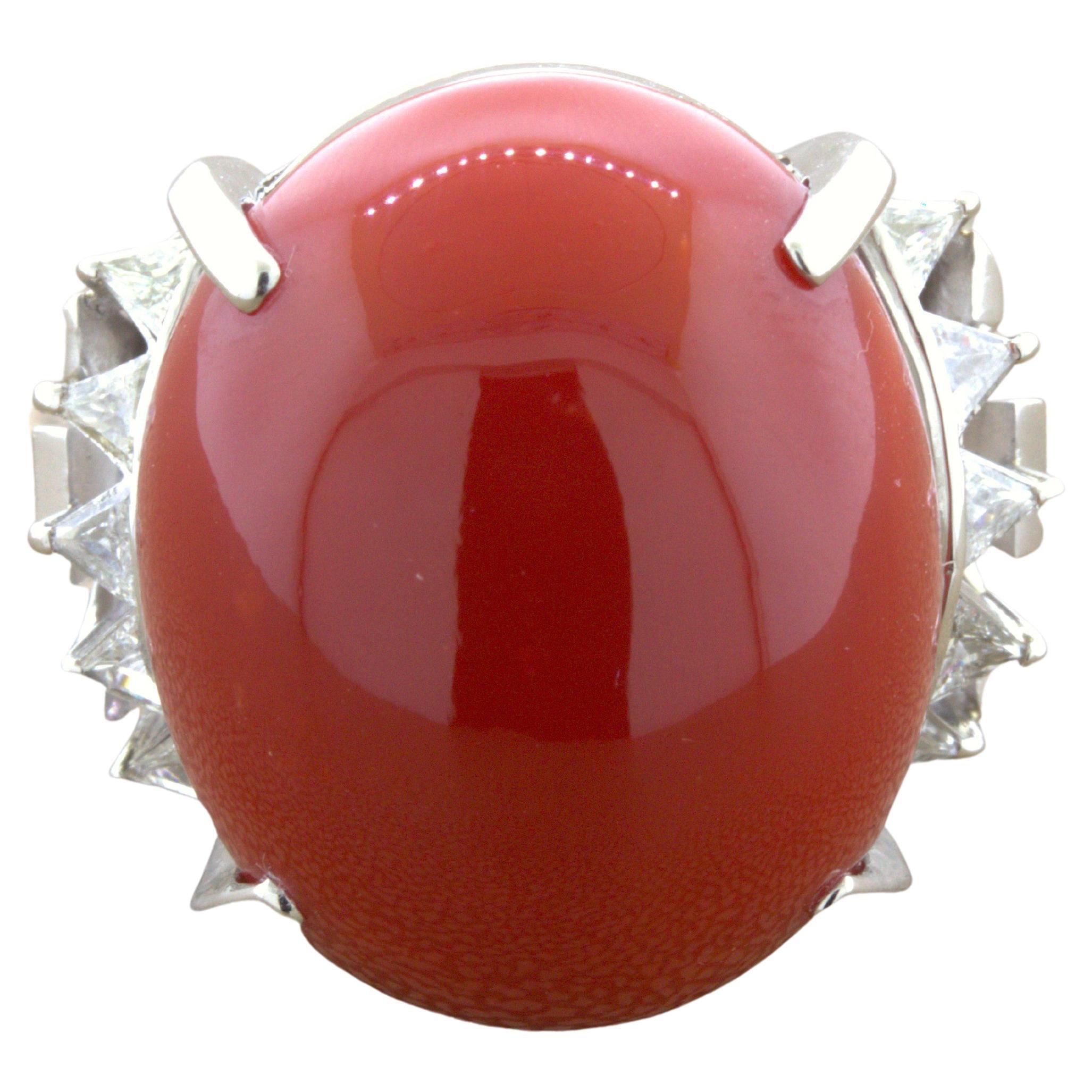 Red Coral Diamond Platinum Cocktail Ring For Sale