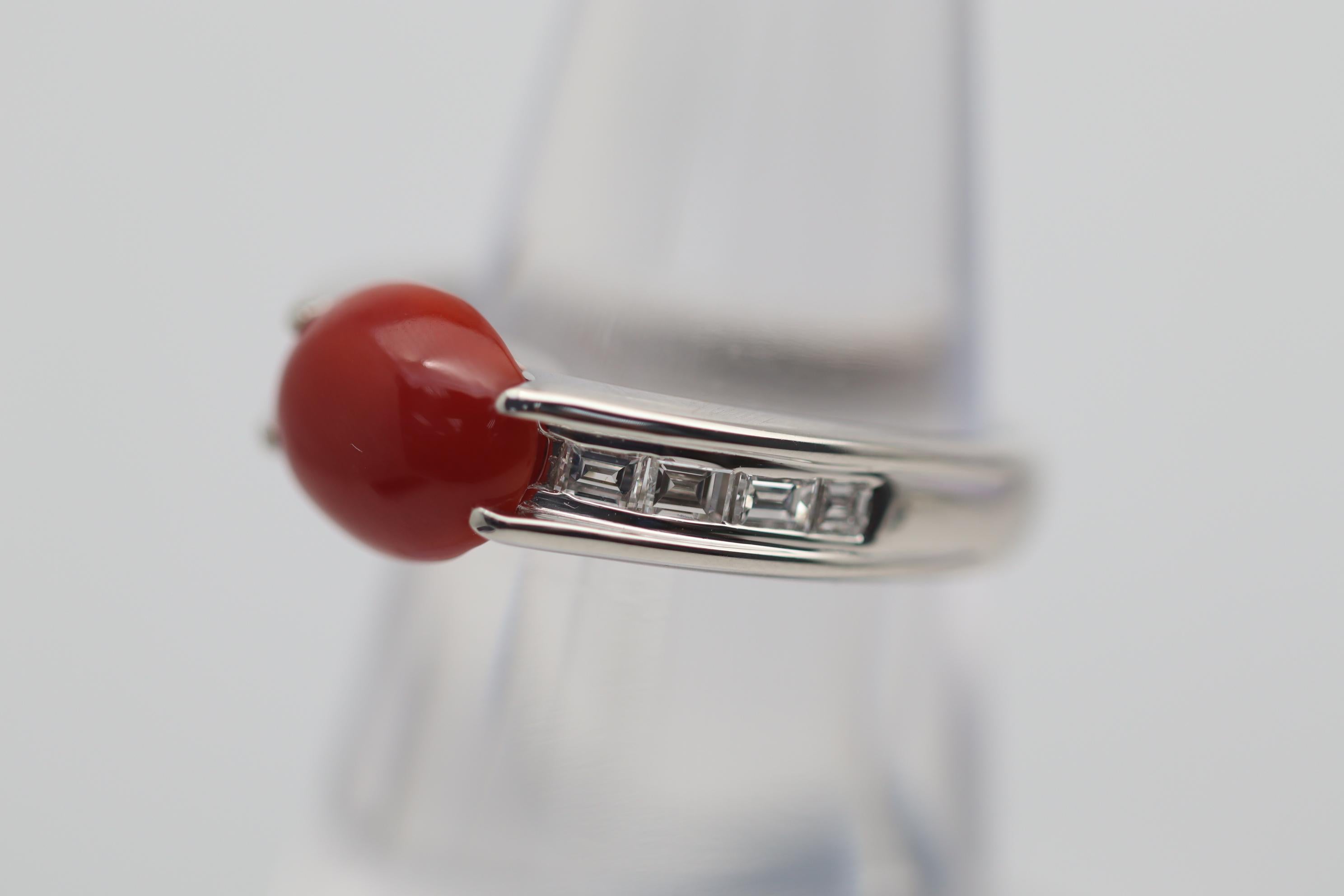 Cabochon Red Coral Diamond Platinum Ring For Sale