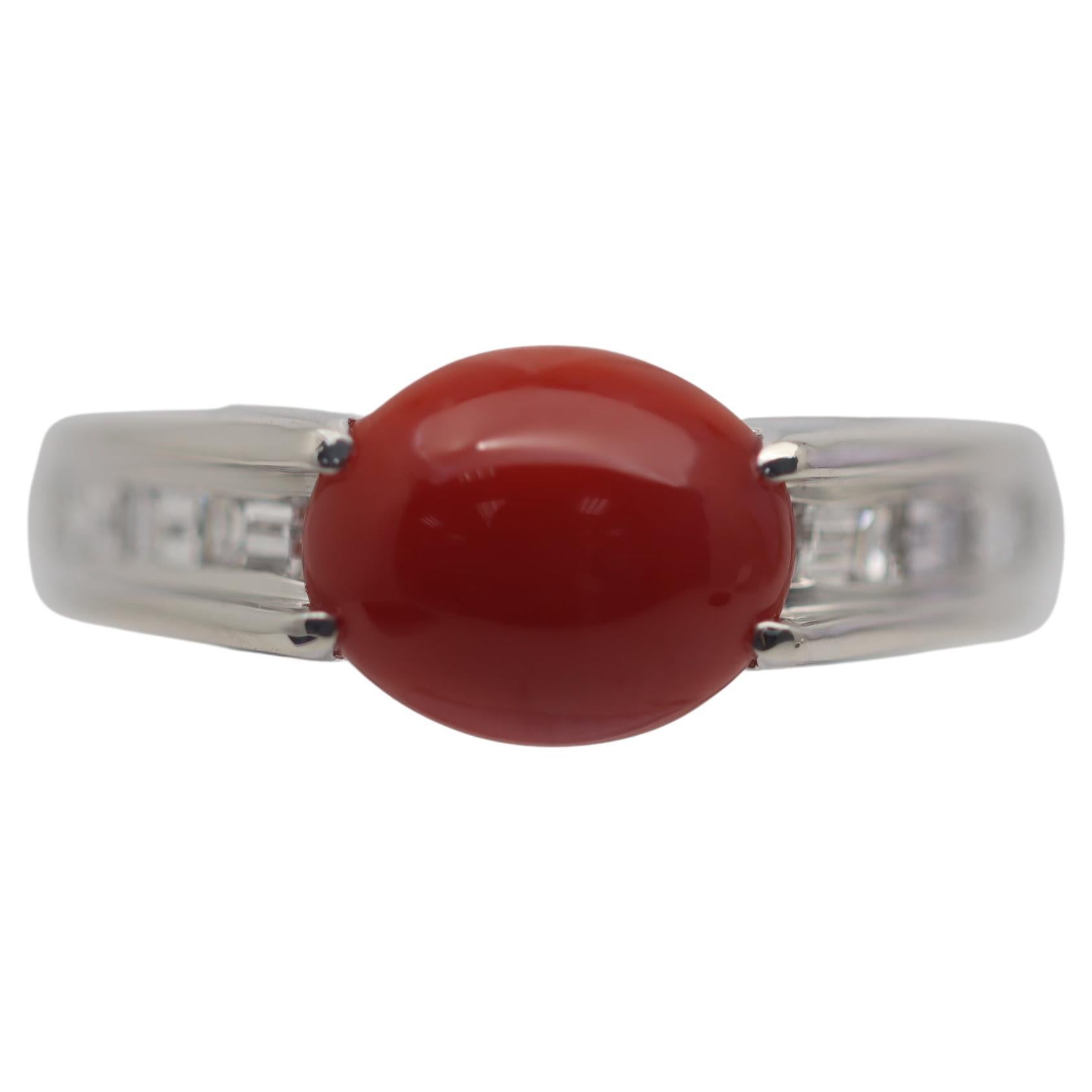 Red Coral Diamond Platinum Ring For Sale