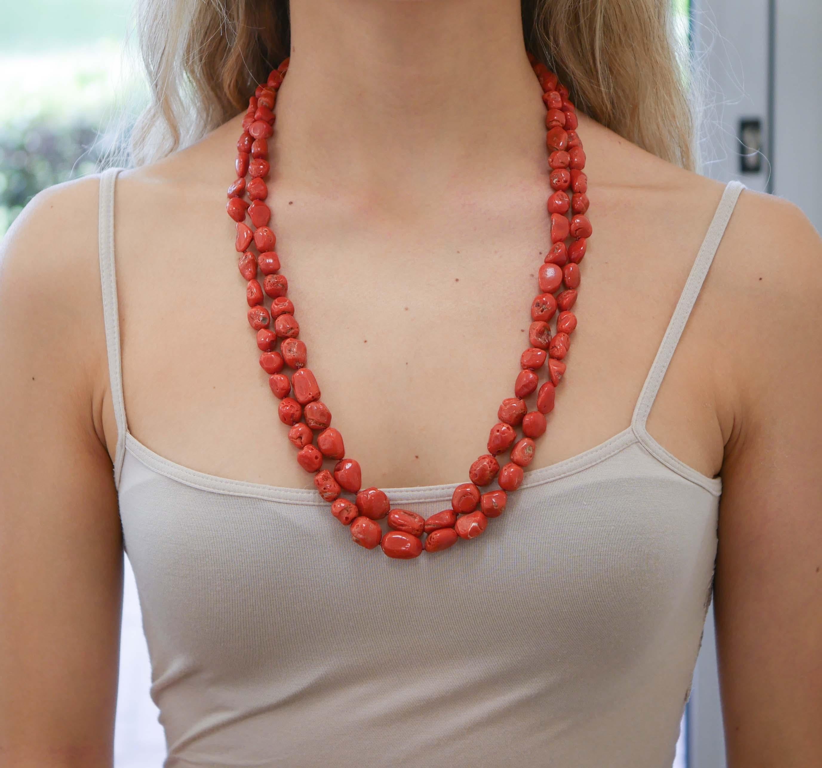 Mixed Cut Red Coral, Diamonds, Rose Gold and Silver Multi-Strands Necklace For Sale