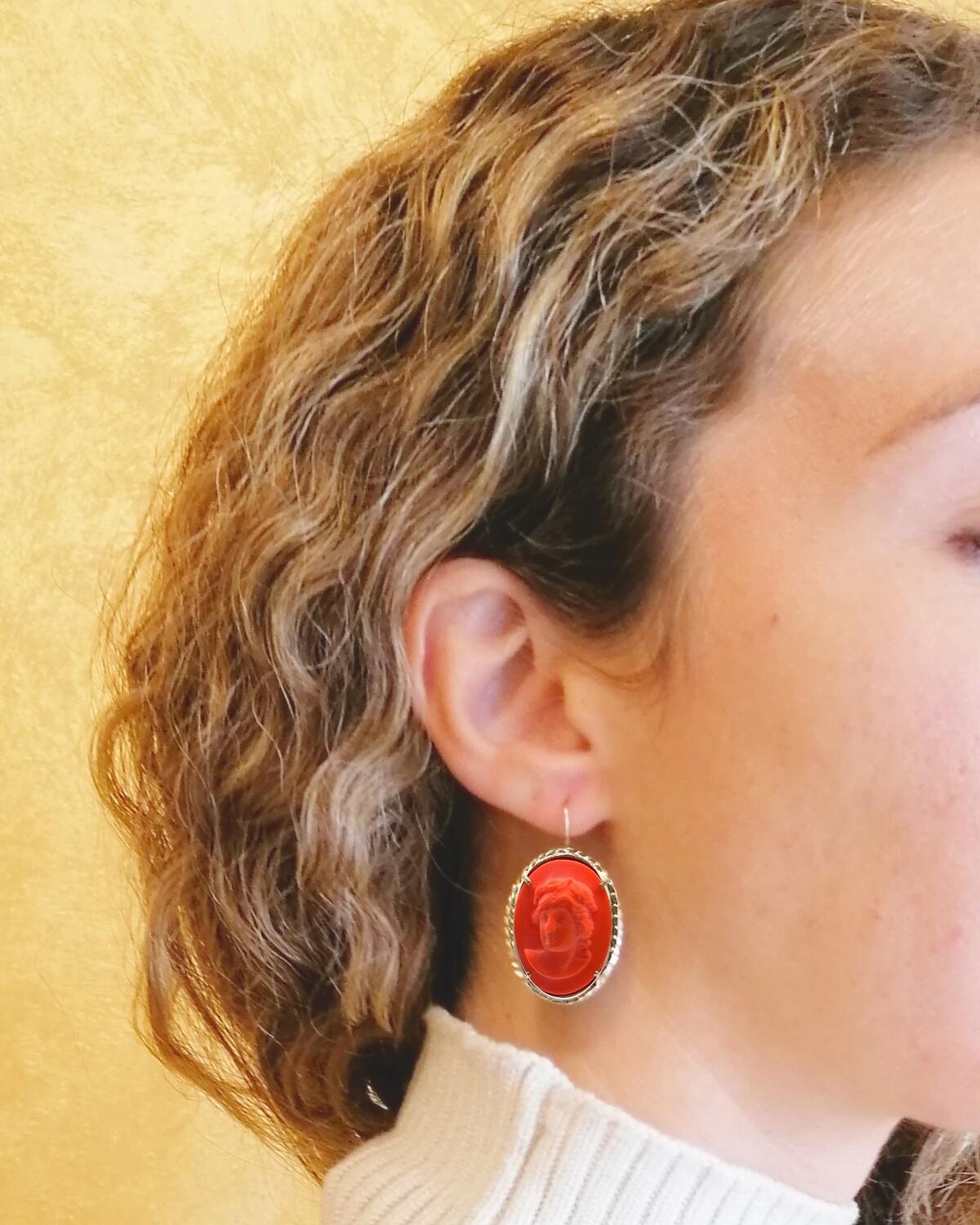 Artisan Red Coral Earrings in Pure Bronze and Glass Paste by Patrizia Daliana For Sale