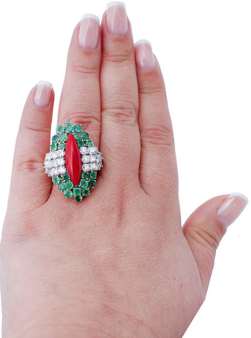 Retro Red Coral, Emeralds, Diamonds, 14 Karat White Gold Ring
