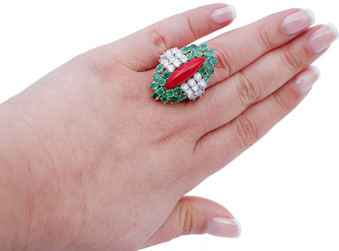 Mixed Cut Red Coral, Emeralds, Diamonds, 14 Karat White Gold Ring
