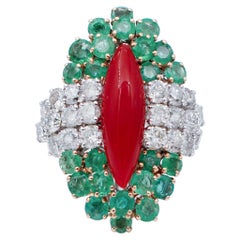 Vintage Red Coral, Emeralds, Diamonds, 14 Karat White Gold Ring