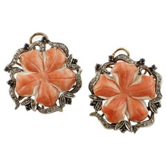 Red Coral Flowers, Diamonds, Blue Sapphires, 9K Rose Gold and Silver Earrings