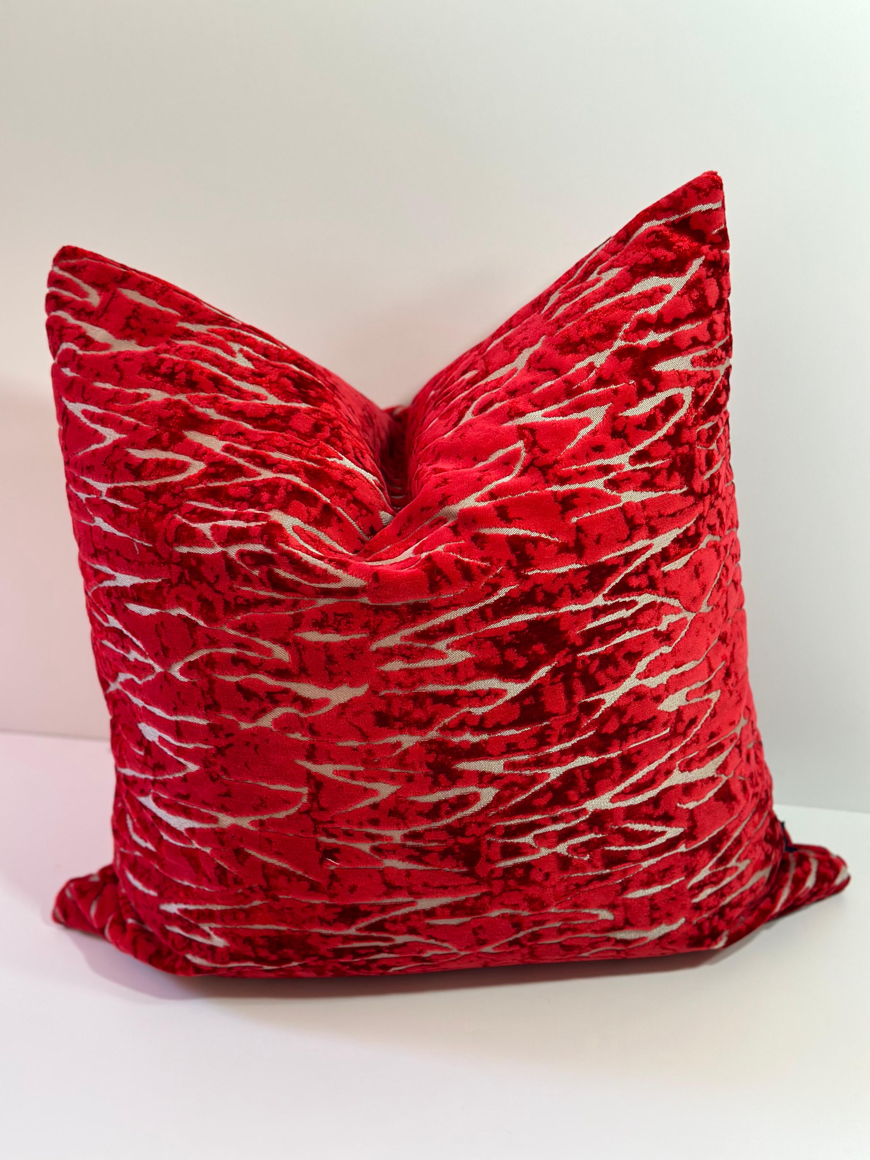 American Red throw pillow in textured velvet- Red Coral- by Mar de Doce For Sale