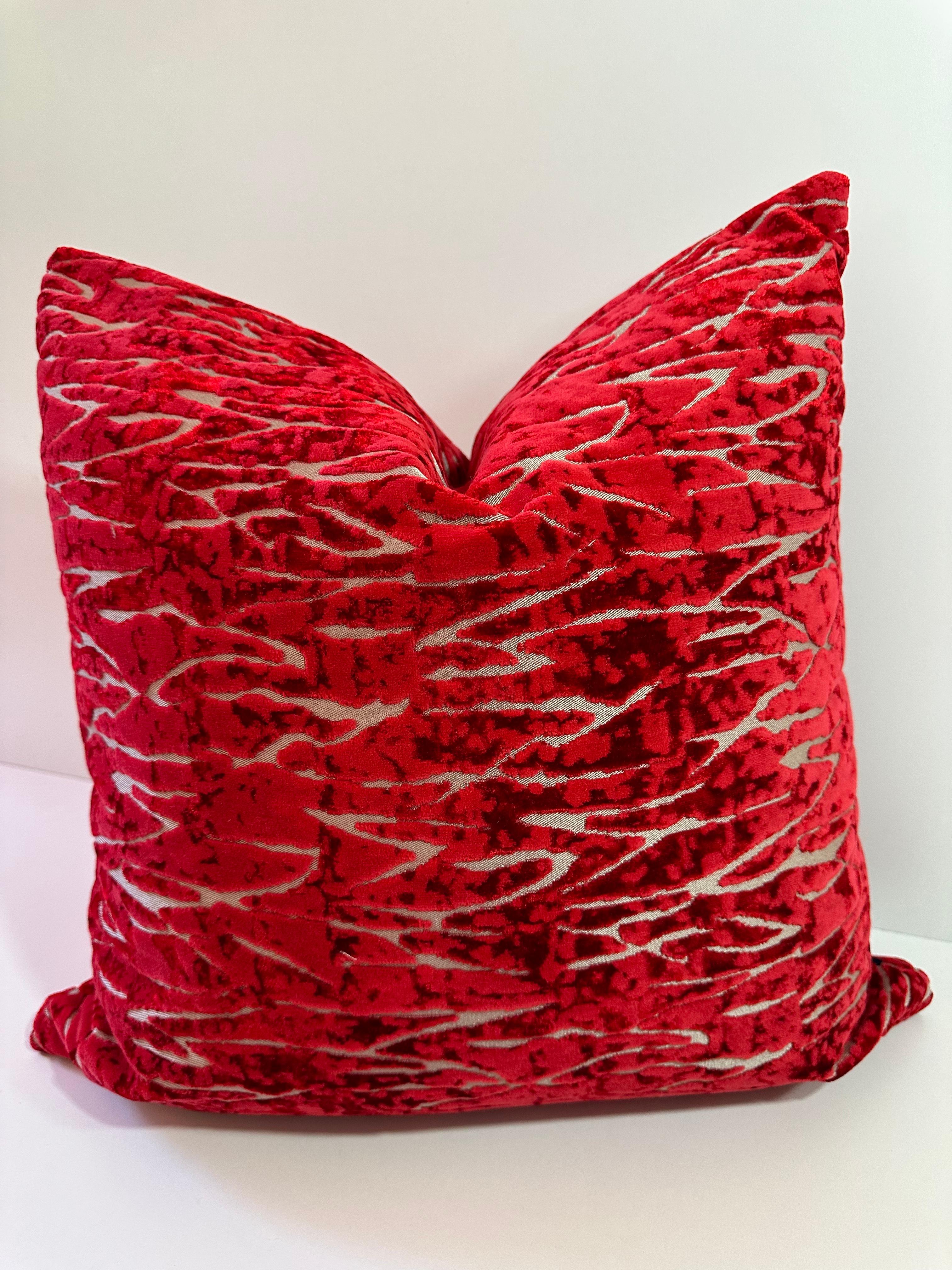 Hand-Crafted Red throw pillow in textured velvet- Red Coral- by Mar de Doce For Sale