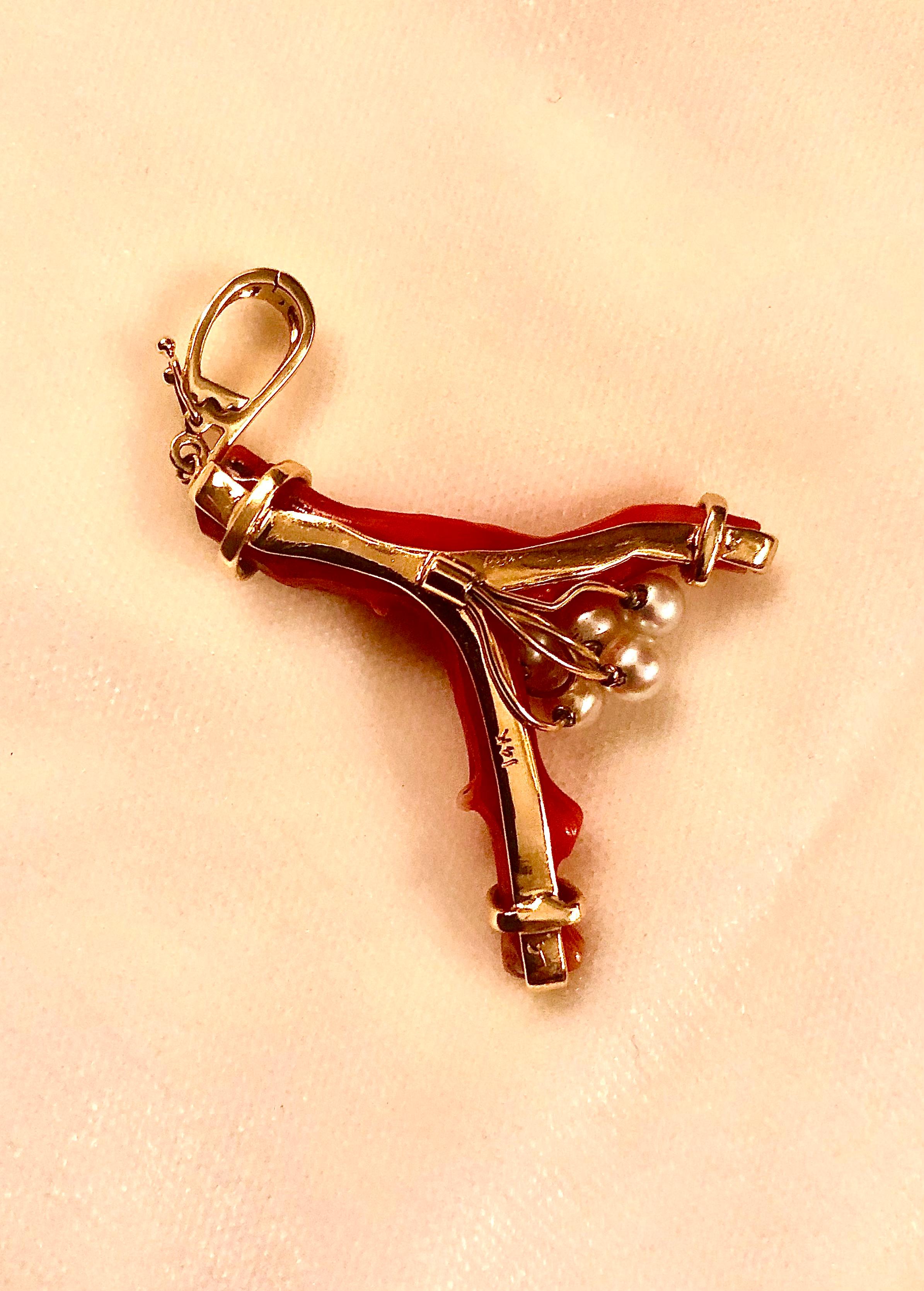 Post-War Red coral, gold and pearl pendant For Sale