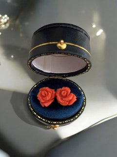 Estate Carved Rose Coral 18 Carat Gold Earrings