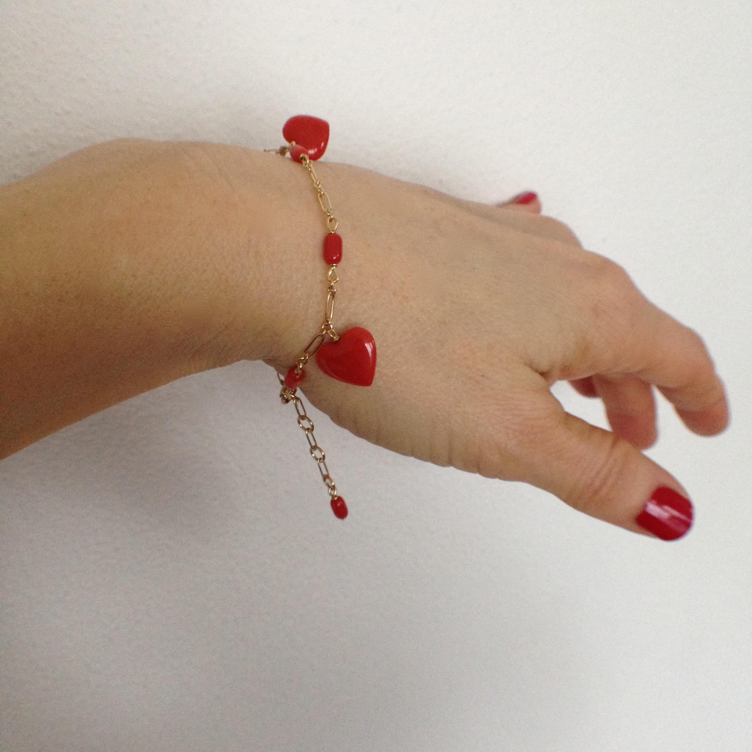 Petronilla Italian Natural Red Coral Heart Bracelet Handmade 18 Karat Gold 3