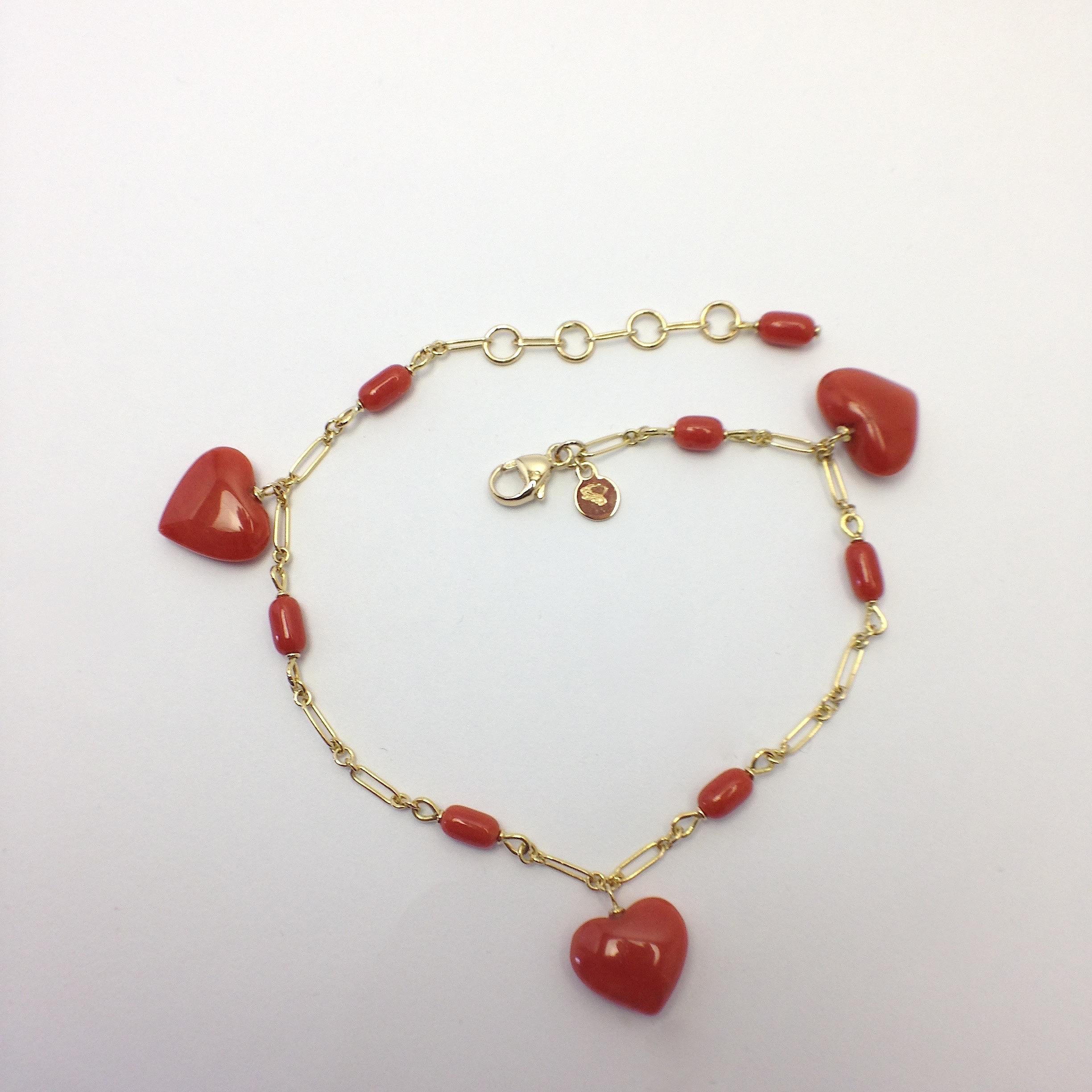 Women's Petronilla Italian Natural Red Coral Heart Bracelet Handmade 18 Karat Gold