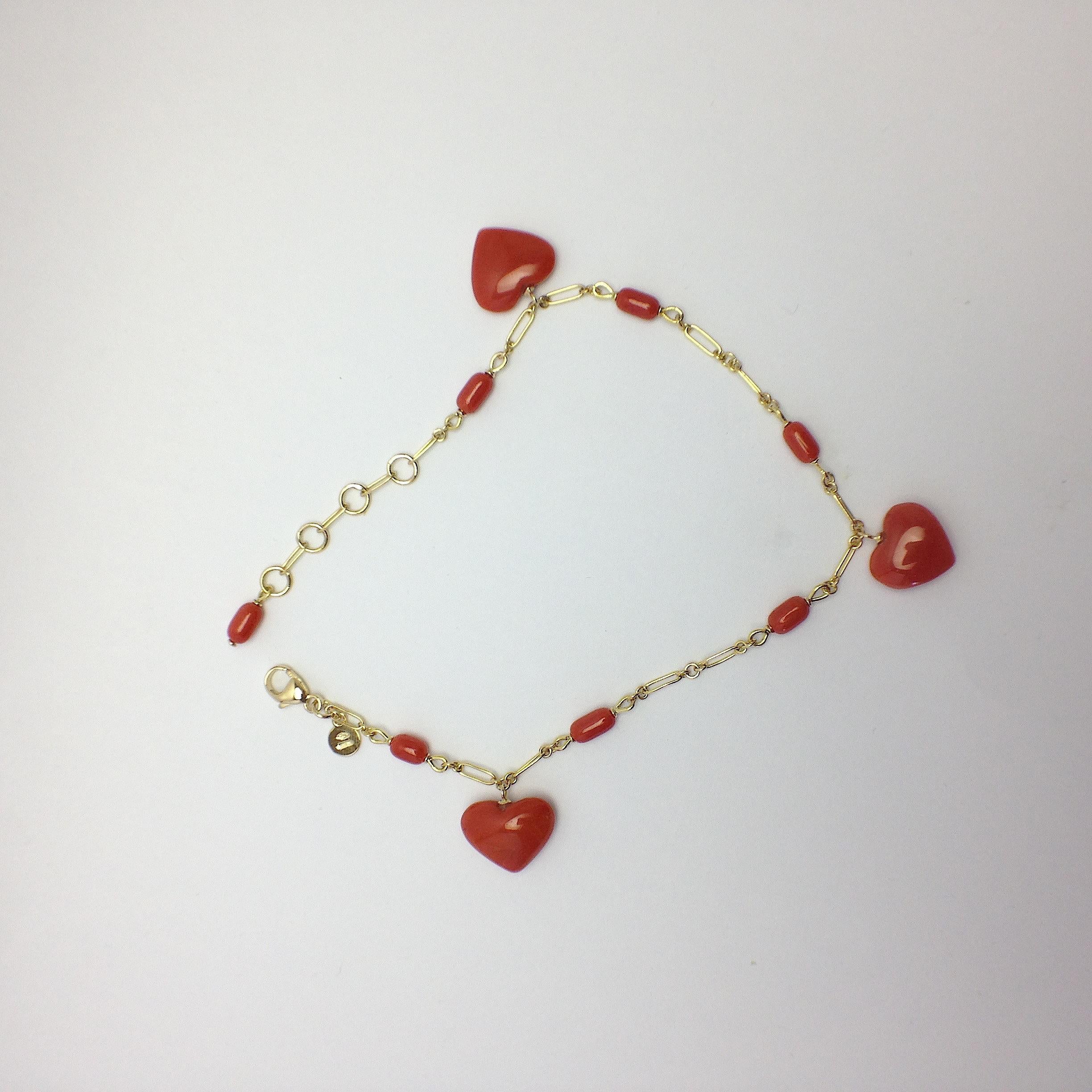 Petronilla Italian Natural Red Coral Heart Bracelet Handmade 18 Karat Gold 1