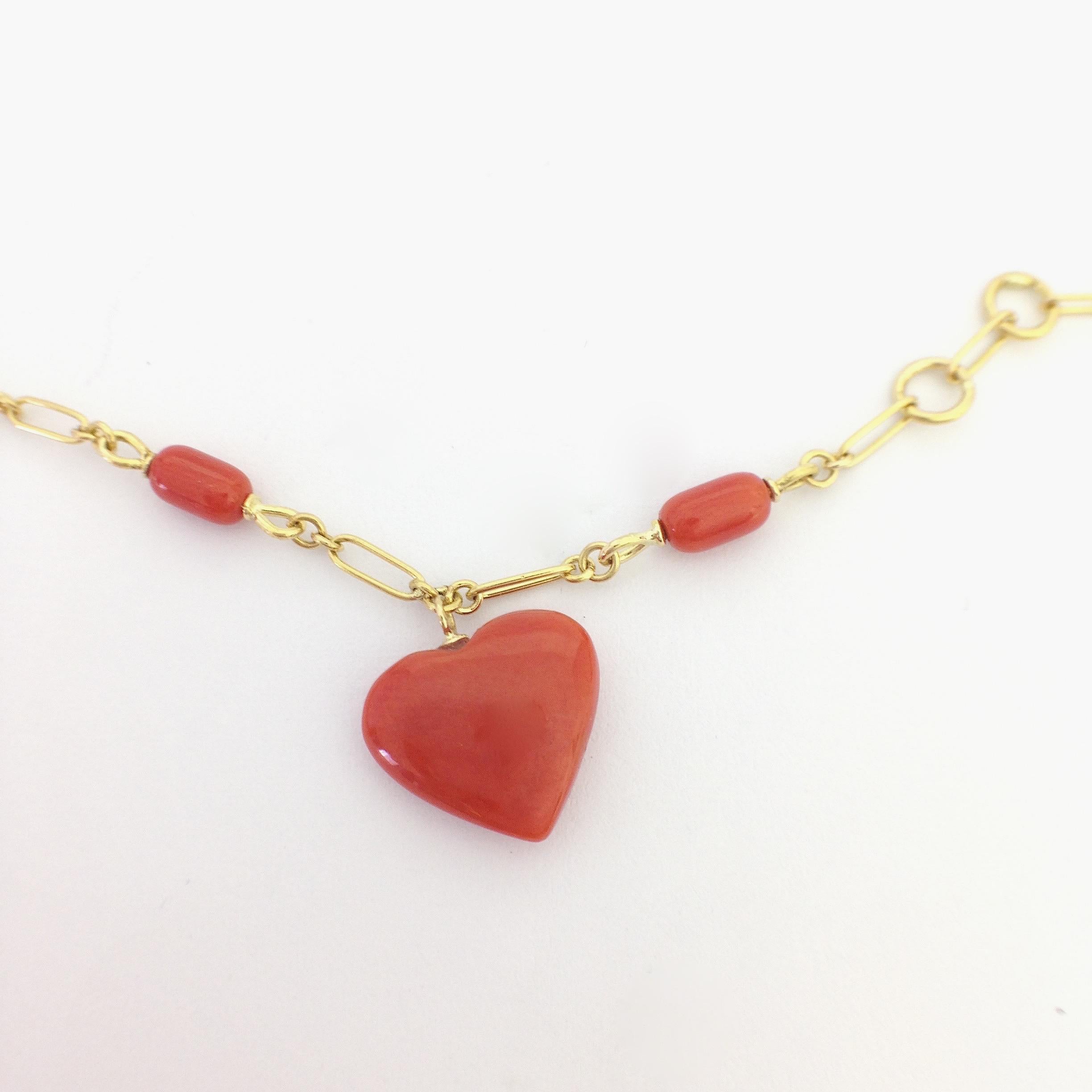 Petronilla Italian Natural Red Coral Heart Bracelet Handmade 18 Karat Gold 2