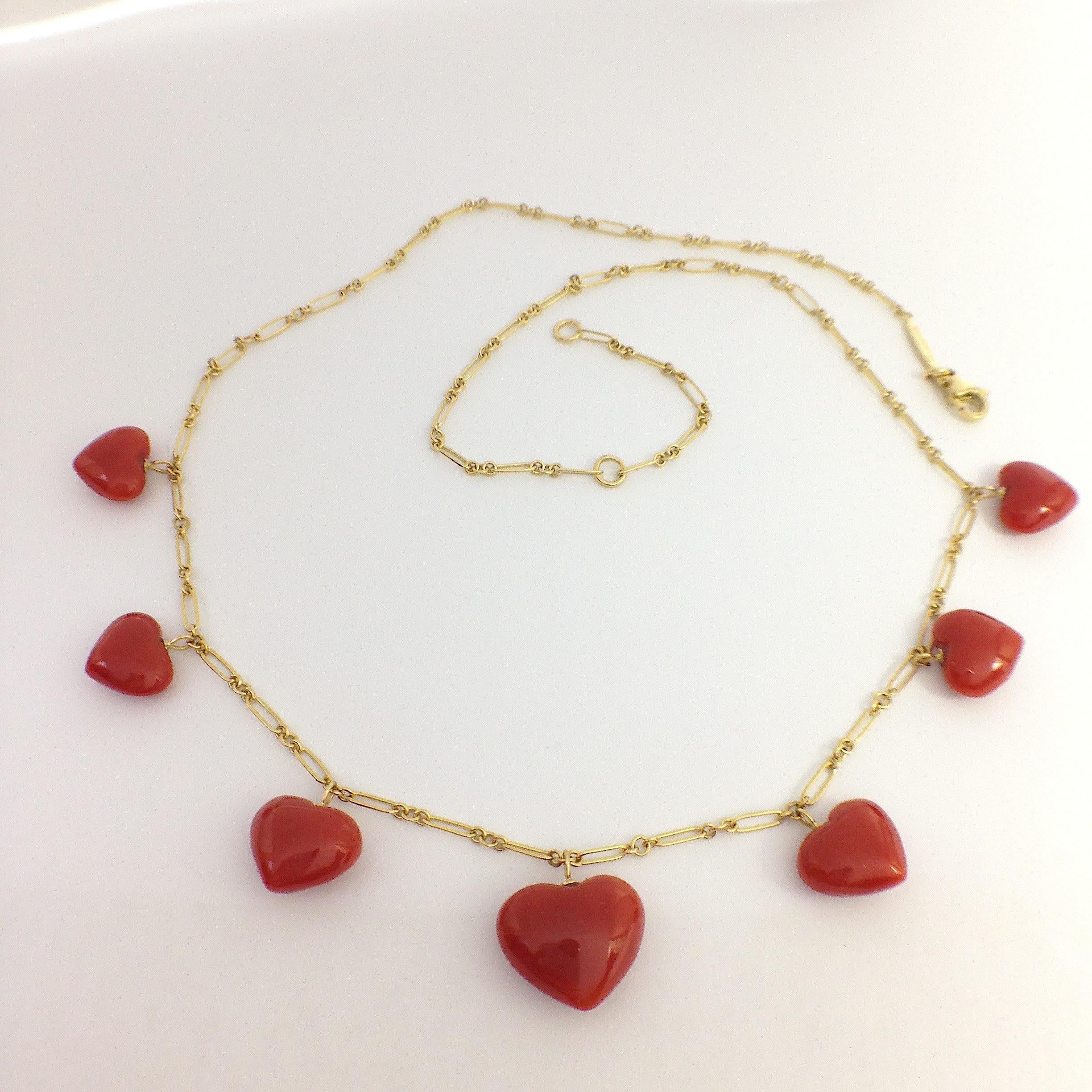 Petronilla Italian Natural Red Coral Heart Necklace Handmade 18 Karat Gold 5