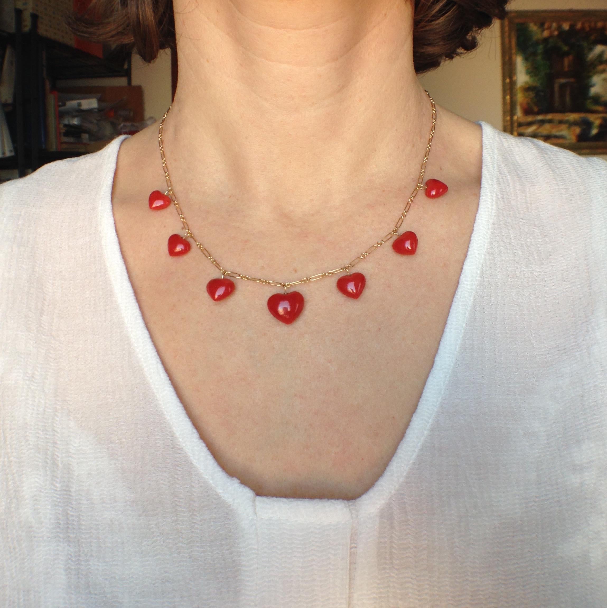 Petronilla Italian Natural Red Coral Heart Necklace Handmade 18 Karat Gold 6