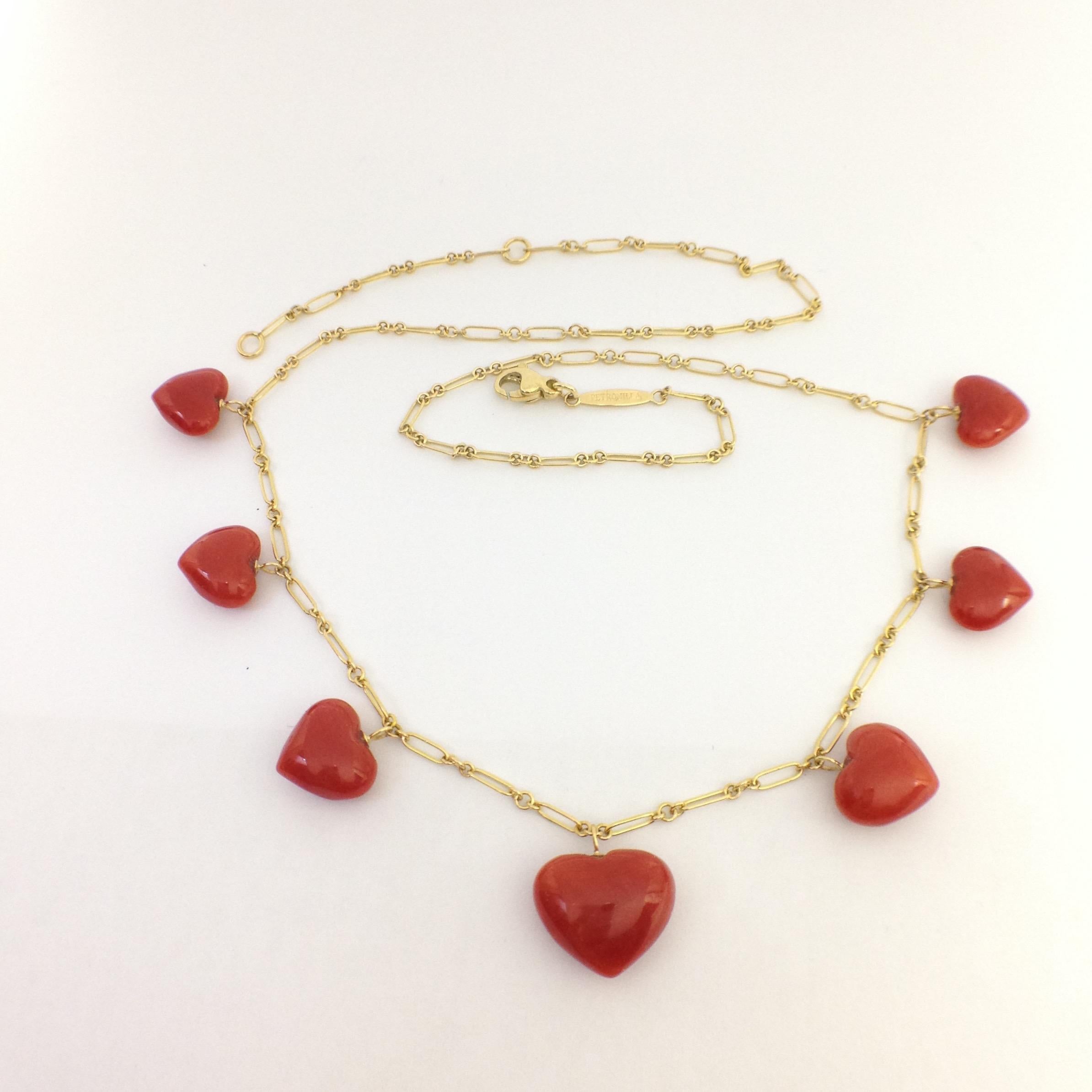 Women's Petronilla Italian Natural Red Coral Heart Necklace Handmade 18 Karat Gold