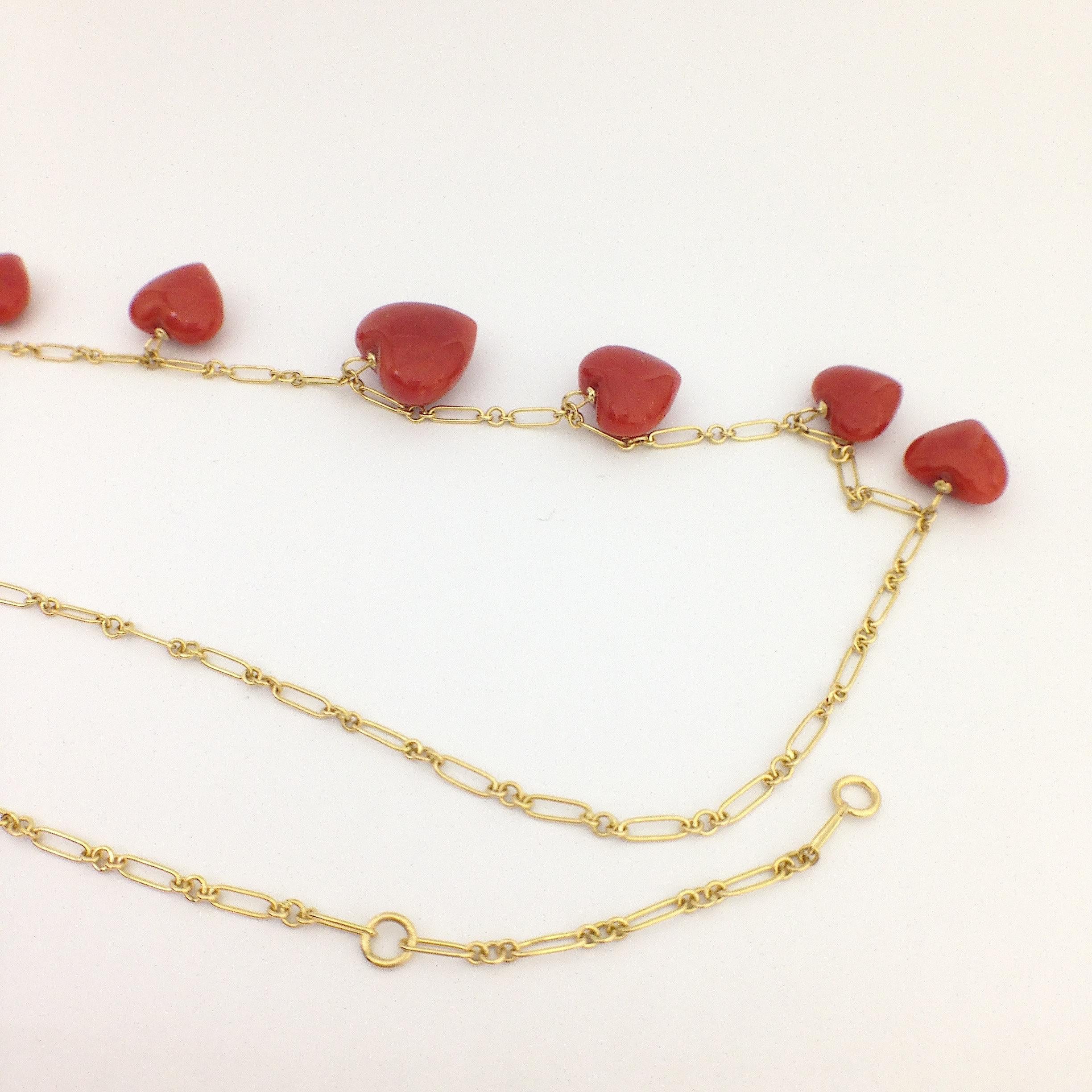 Petronilla Italian Natural Red Coral Heart Necklace Handmade 18 Karat Gold 2