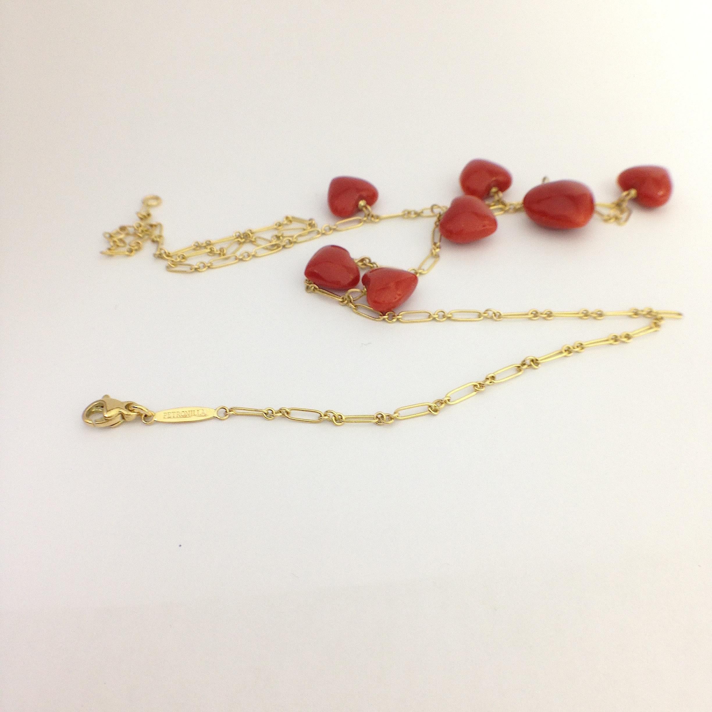 Petronilla Italian Natural Red Coral Heart Necklace Handmade 18 Karat Gold 3