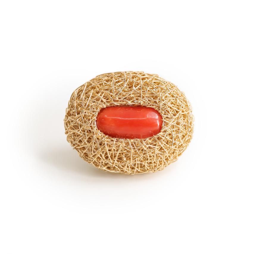 Red Coral in 14 kt Yellow Gold F. one-of-a-kind Cocktail Ring by the Artist For Sale 4