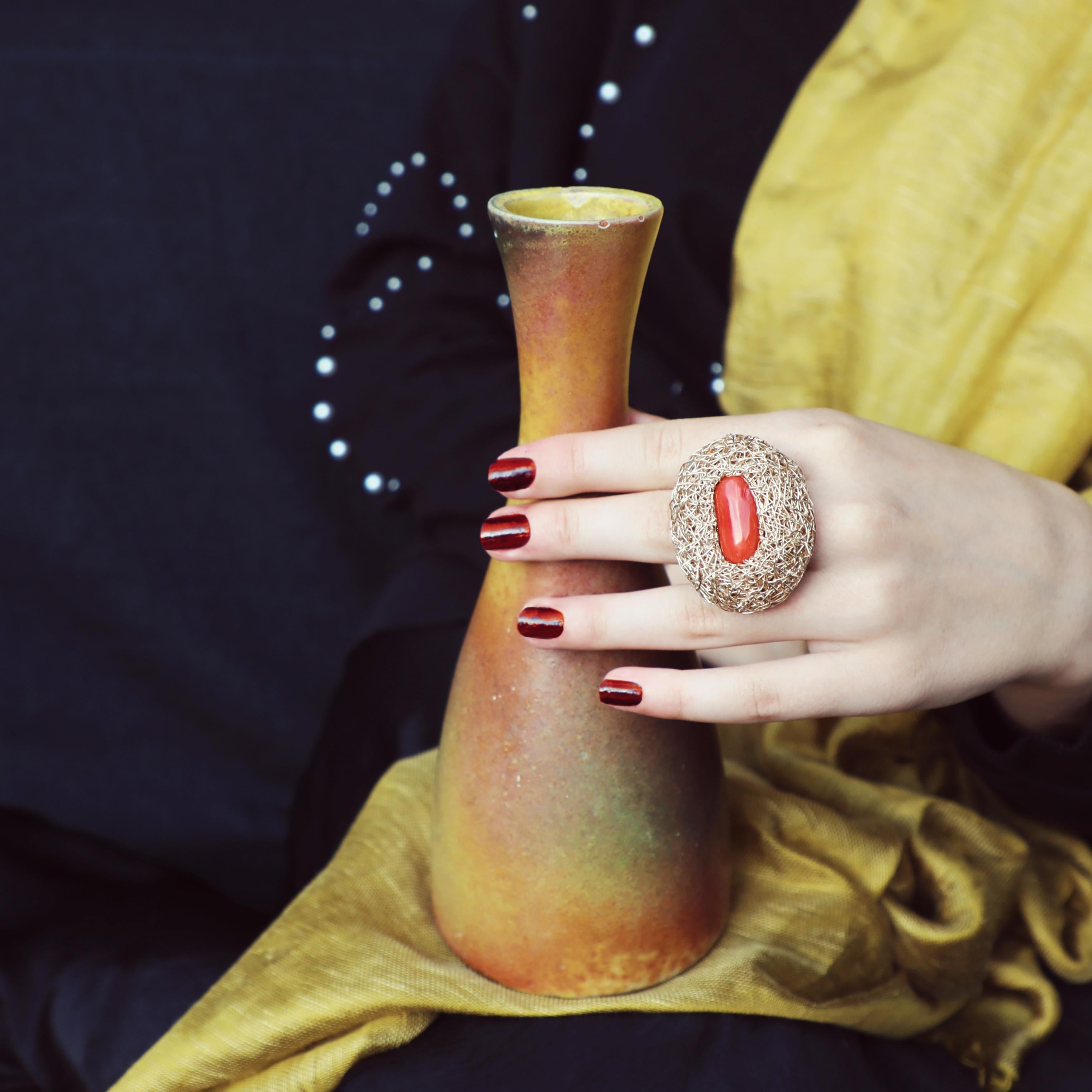 Red Coral in 14 kt Yellow Gold F. one-of-a-kind Cocktail Ring by the Artist For Sale 5