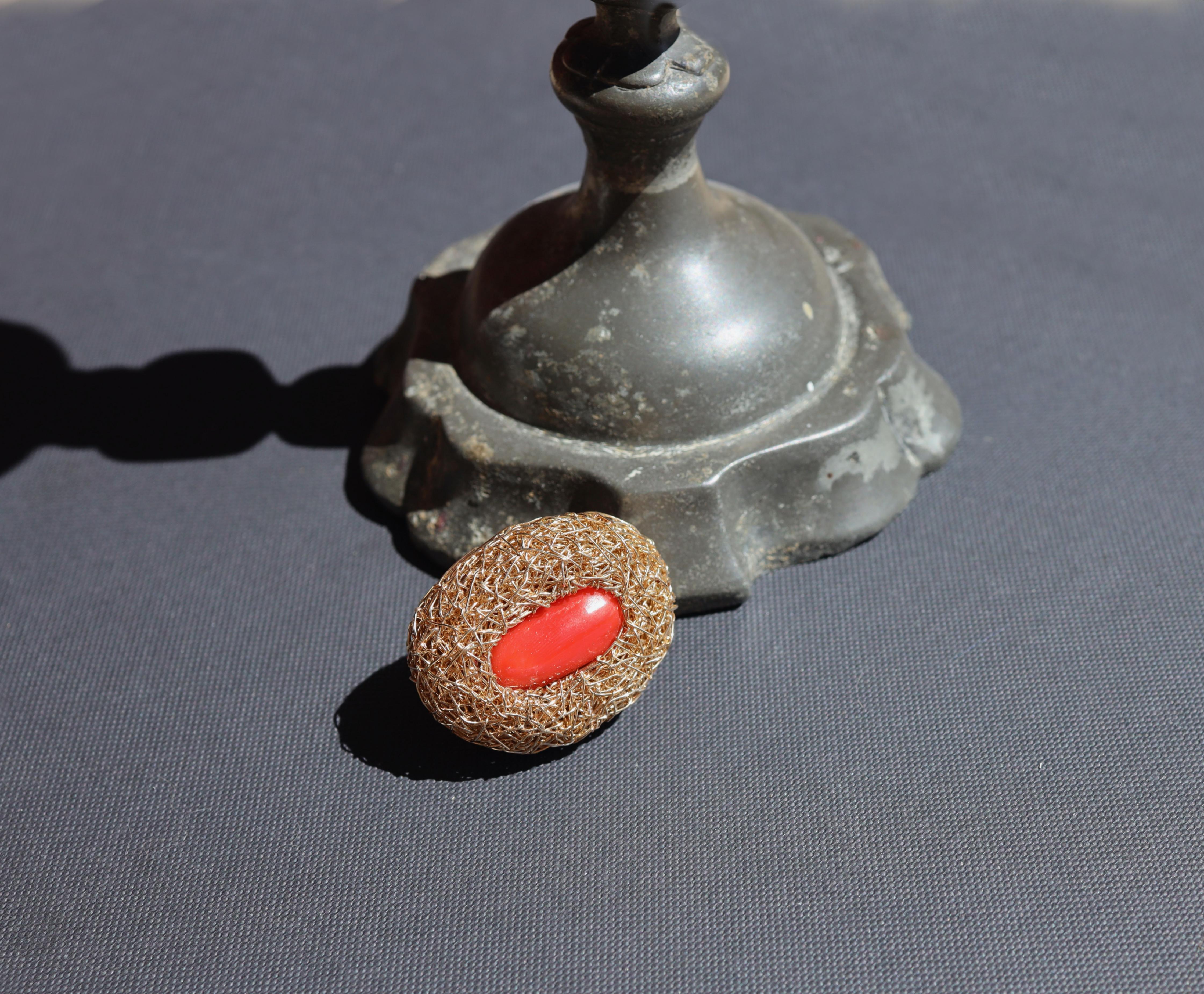 Red Coral in 14 kt Yellow Gold F. one-of-a-kind Cocktail Ring by the Artist For Sale 6