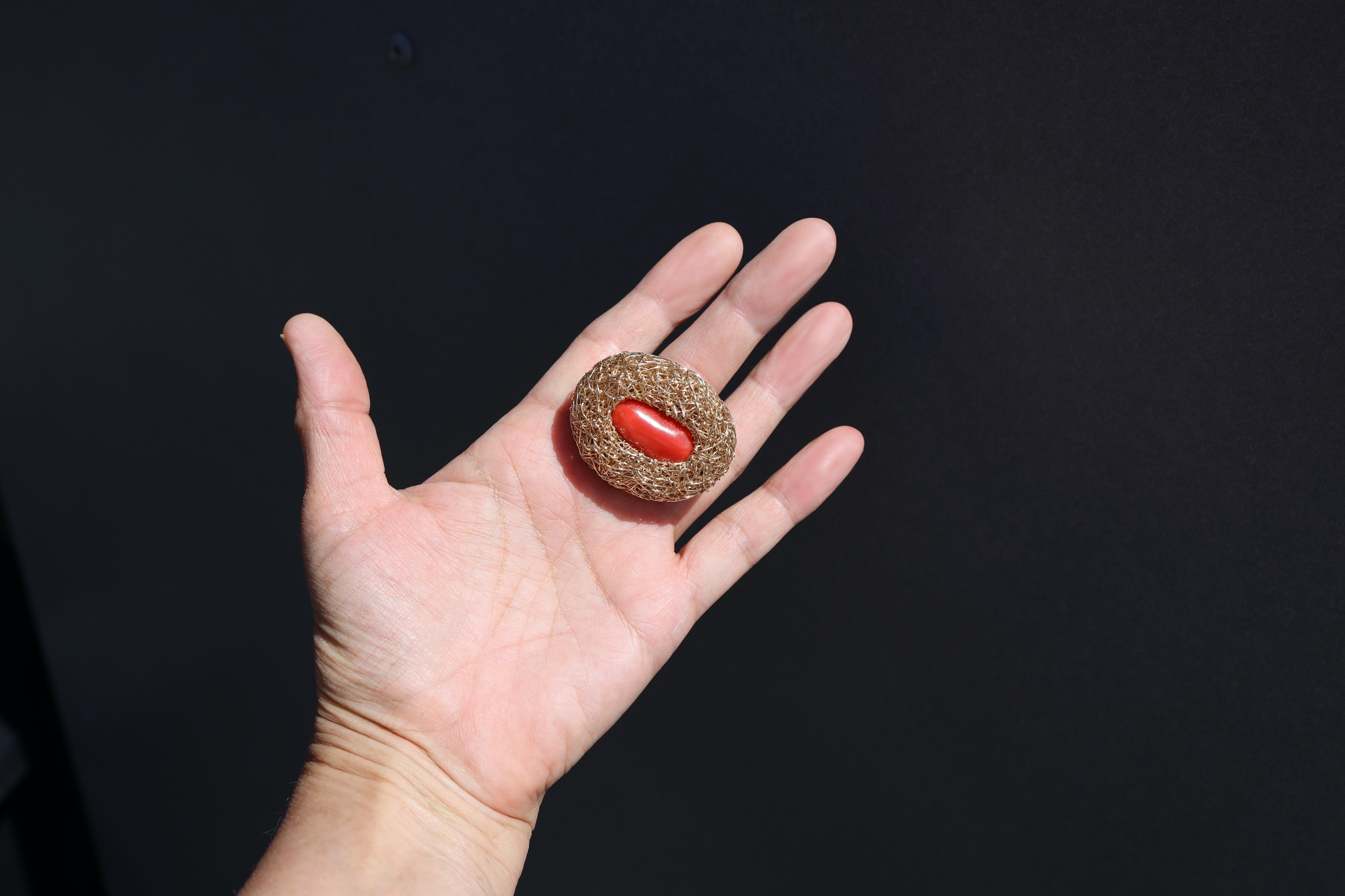 Red Coral in 14 kt Yellow Gold F. one-of-a-kind Cocktail Ring by the Artist For Sale 3