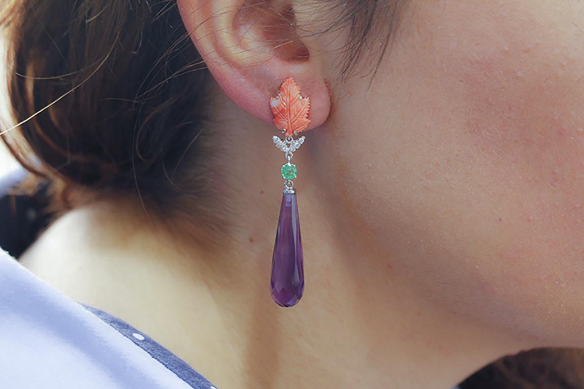 Mixed Cut Red Coral Leaves, Amethyst Drops, Emeralds, Diamonds, White Gold Drop Earrings For Sale