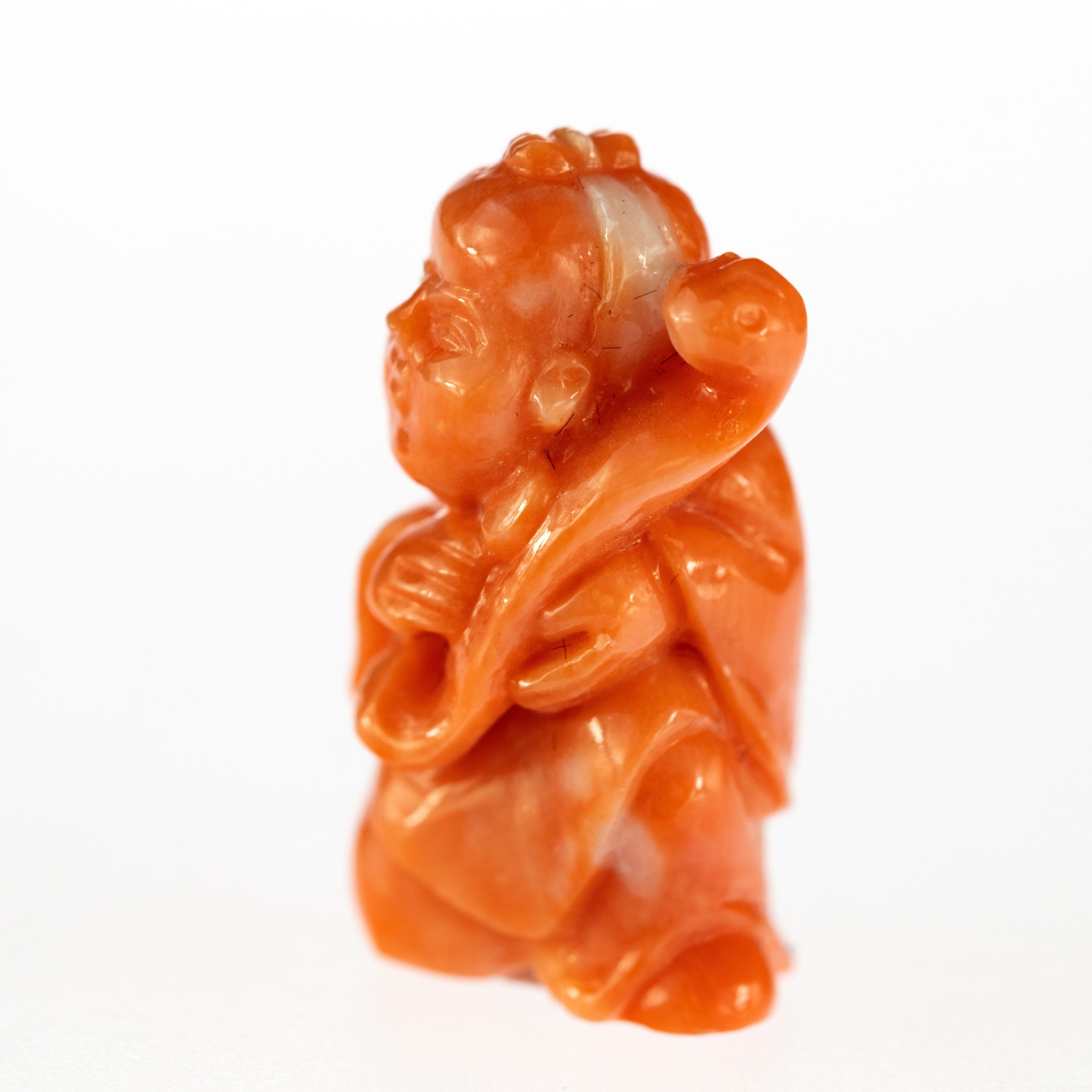 Chinese Export Red Coral Man Hand Carved Asian Art Home Decor Taiwan Statue Sculpture For Sale