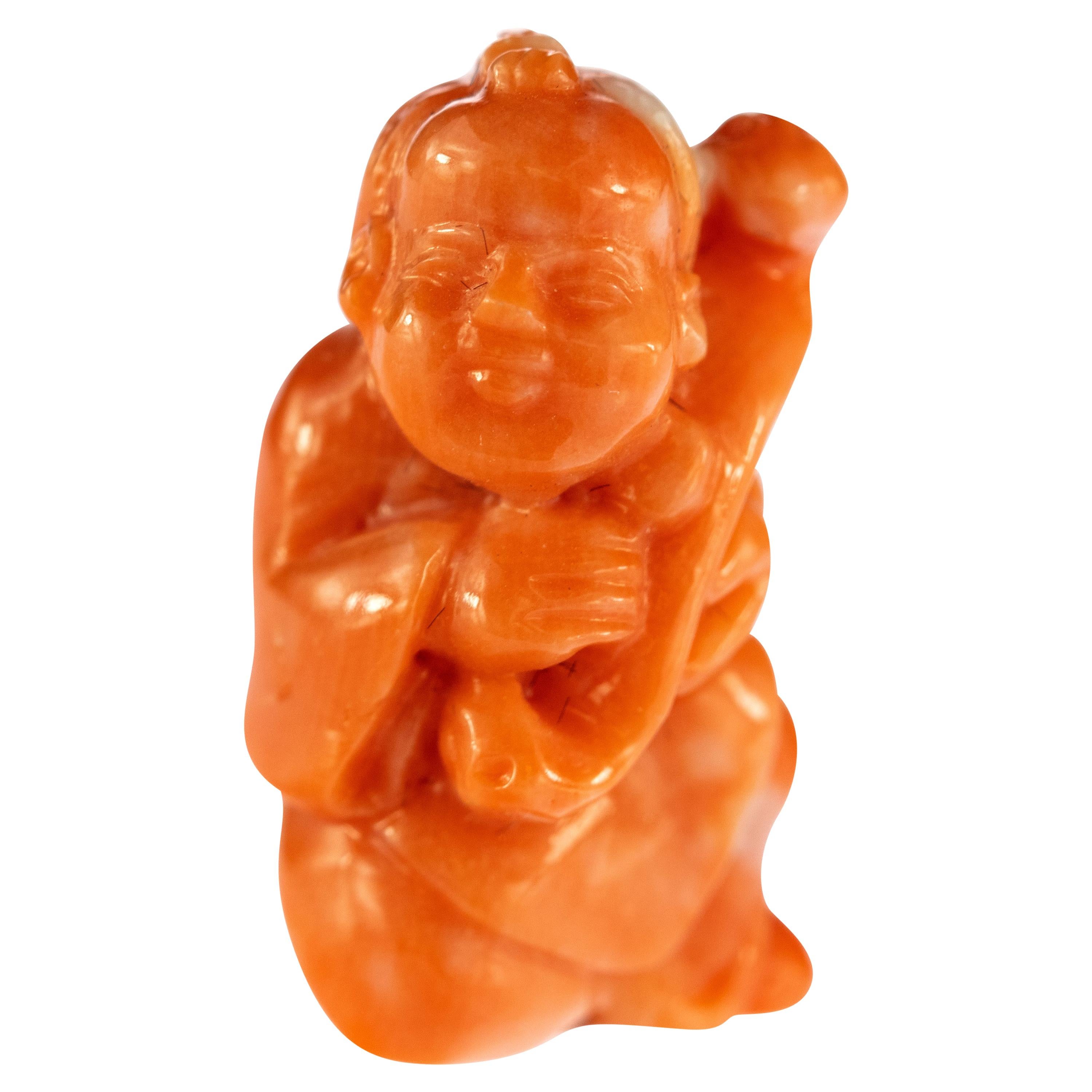 Red Coral Man Hand Carved Asian Art Home Decor Taiwan Statue Sculpture For Sale