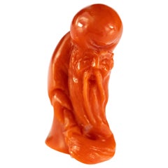 Red Coral Man Hand Carved Asian Art Home Decor Taiwan Statue Sculpture
