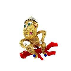 Red Coral Multi-colored Gemstones Diamond 14K Yellow Gold Monkey Brooch Pendant