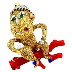 Red Coral Multi-colored Gemstones Diamond 14K Yellow Gold Monkey Brooch Pendant