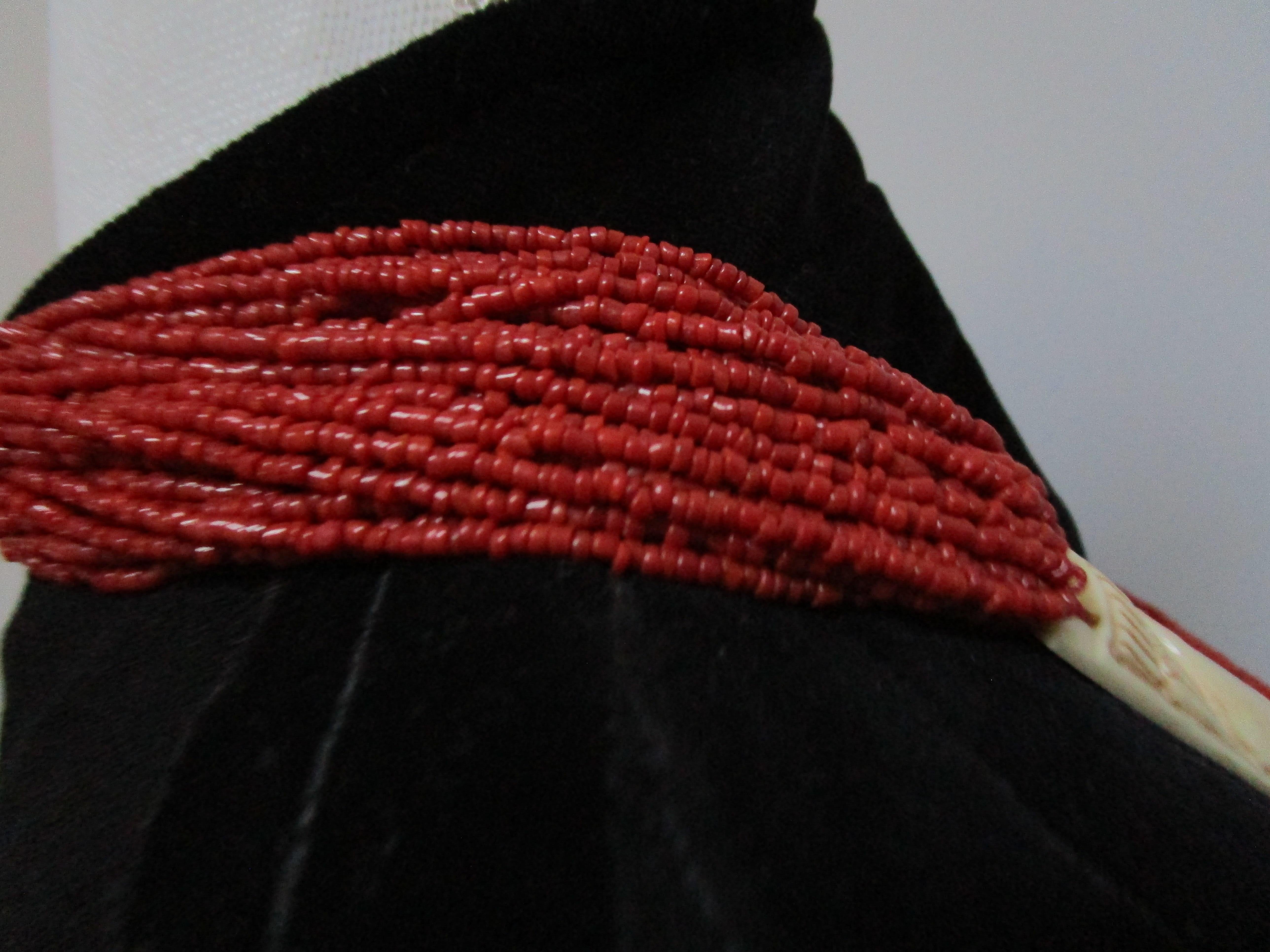 Modern Red Coral Multi-strand Necklace and Earrings Suite with Bone Carving For Sale