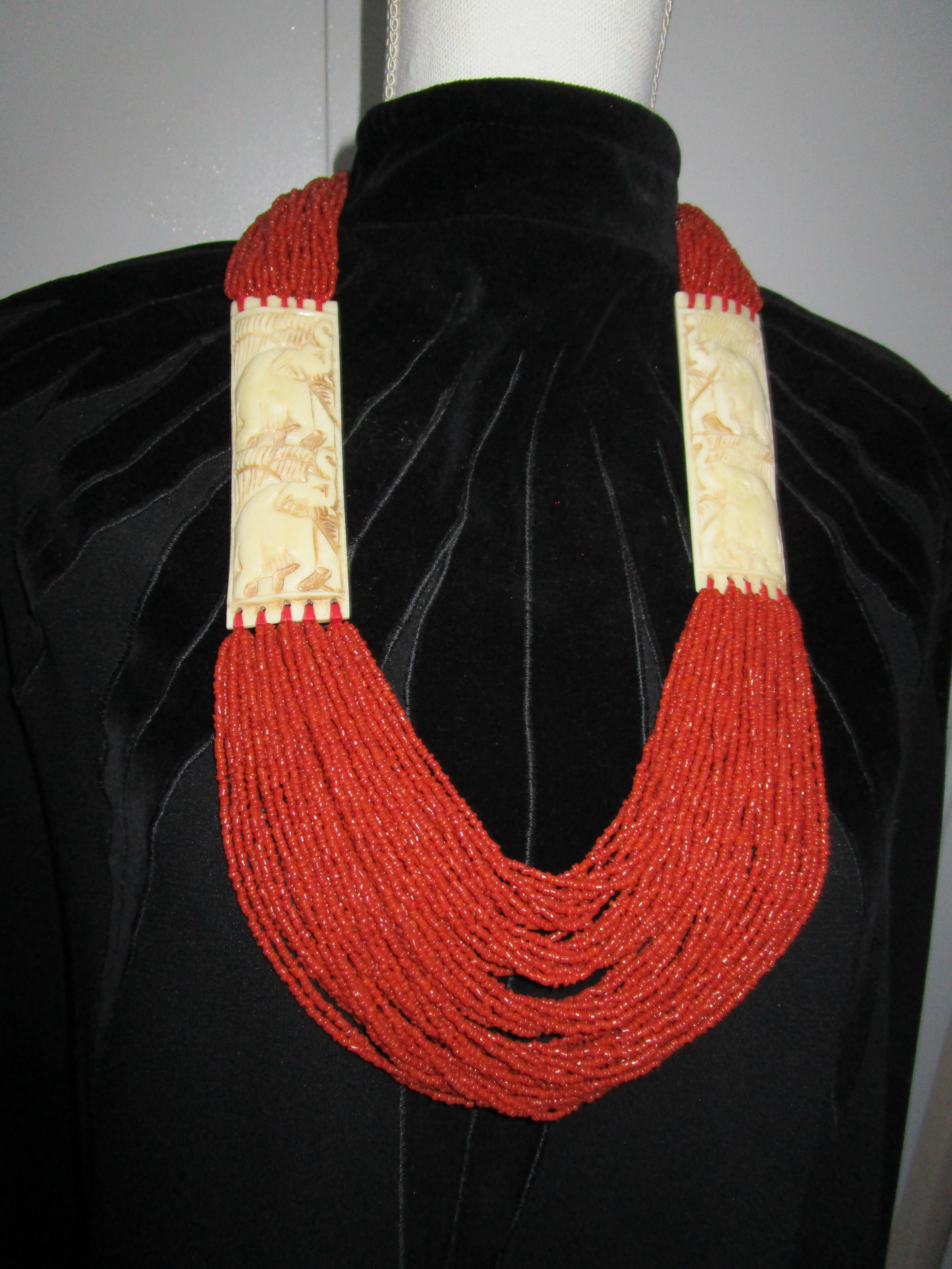 Unknown Red Coral Multi-strand Necklace and Earrings Suite with Bone Carving For Sale