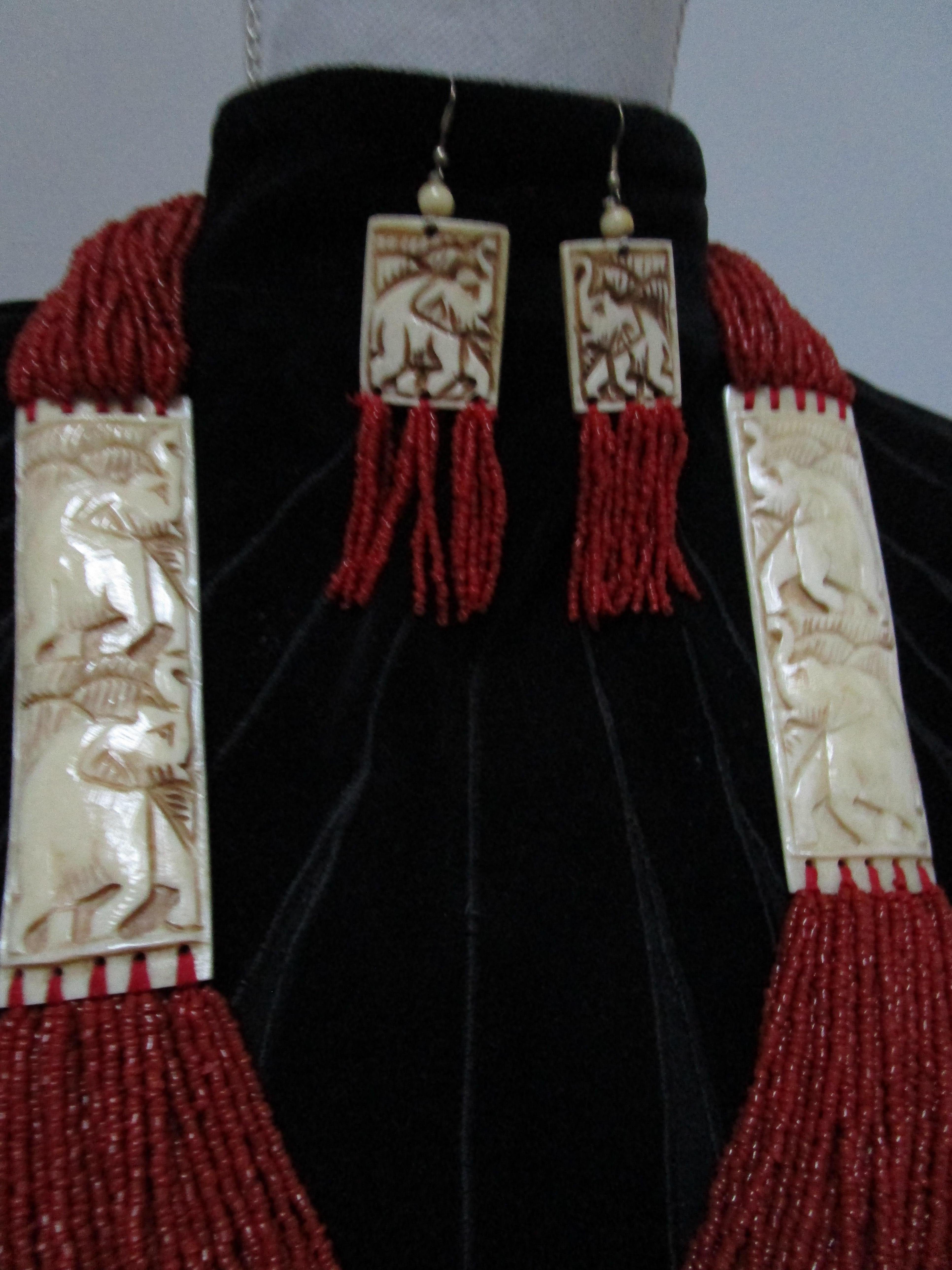 Carved Red Coral Multi-strand Necklace and Earrings Suite with Bone Carving For Sale