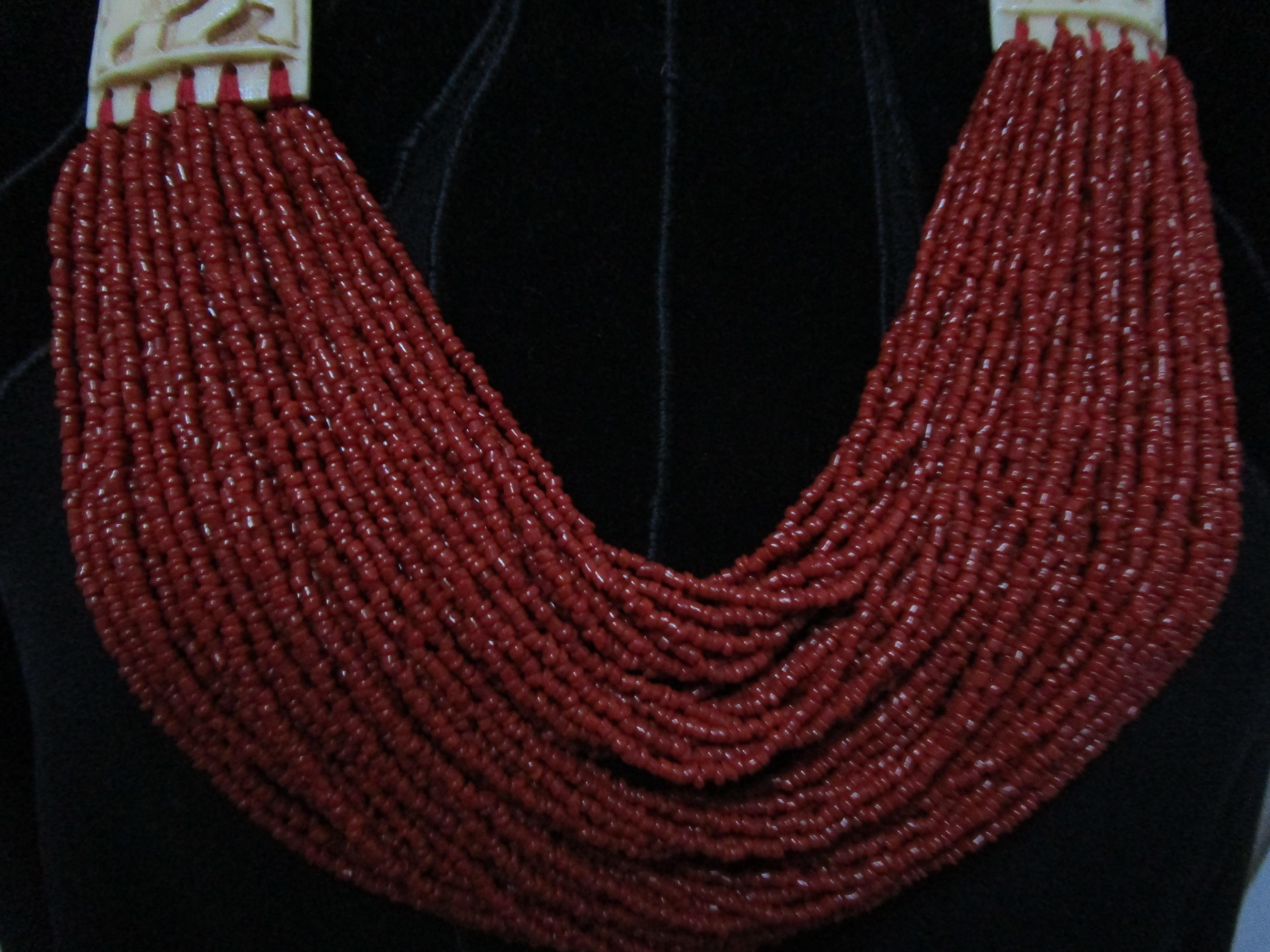 Red Coral Multi-strand Necklace and Earrings Suite with Bone Carving For Sale 1