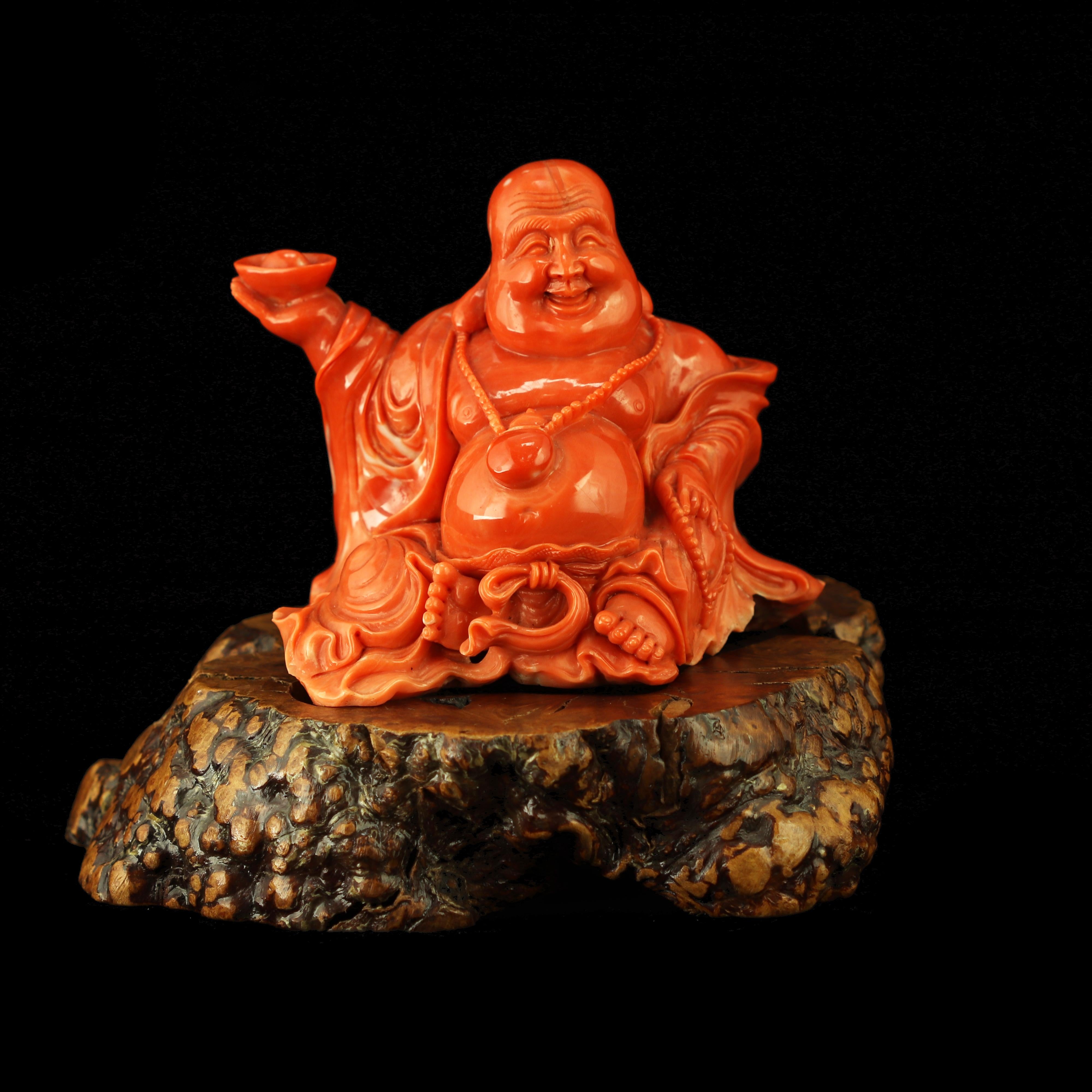 Chinese Export Red Coral Natural Laughing Buddha Carved Asian Decorative Art Statue Sculpture For Sale