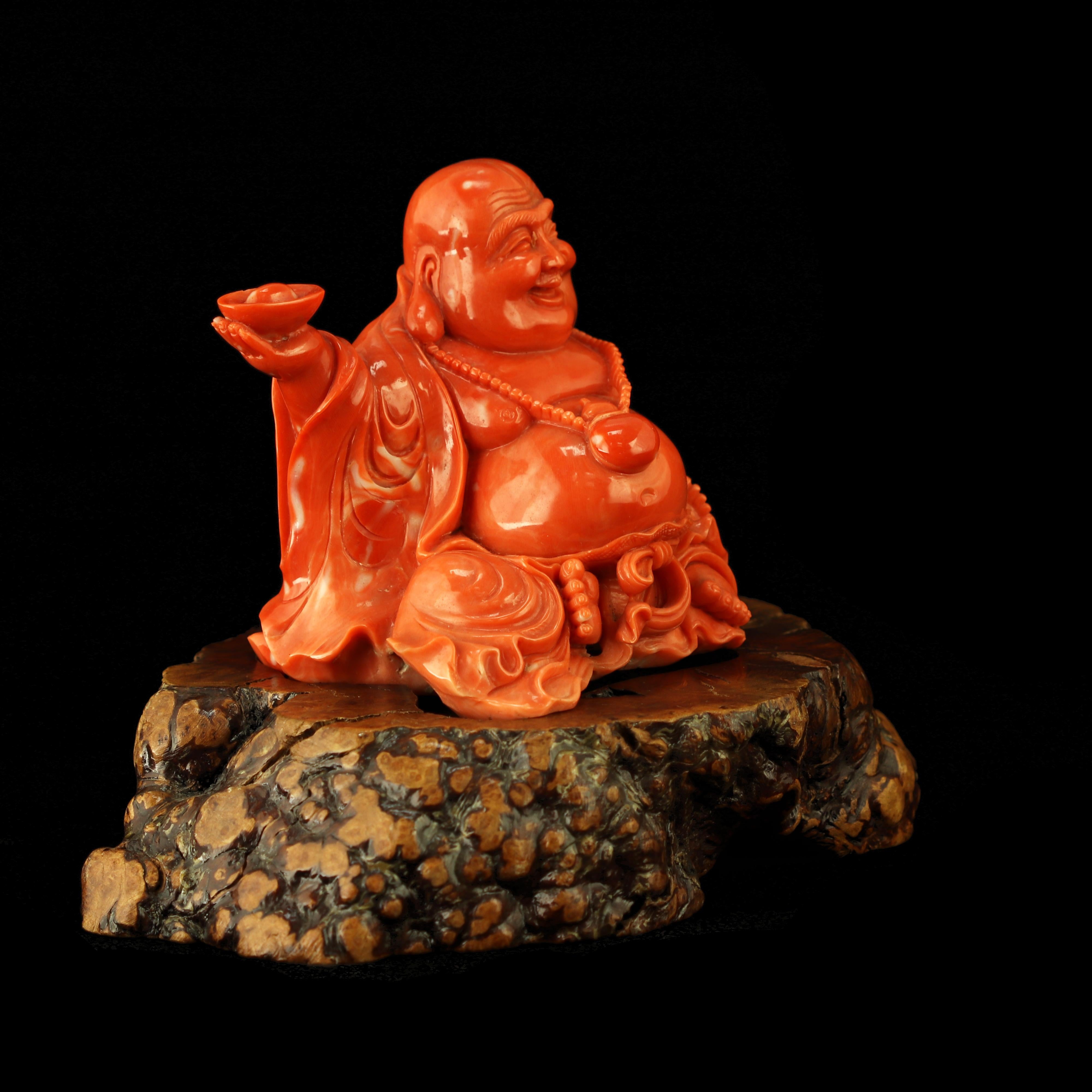 Chinese Red Coral Natural Laughing Buddha Carved Asian Decorative Art Statue Sculpture For Sale