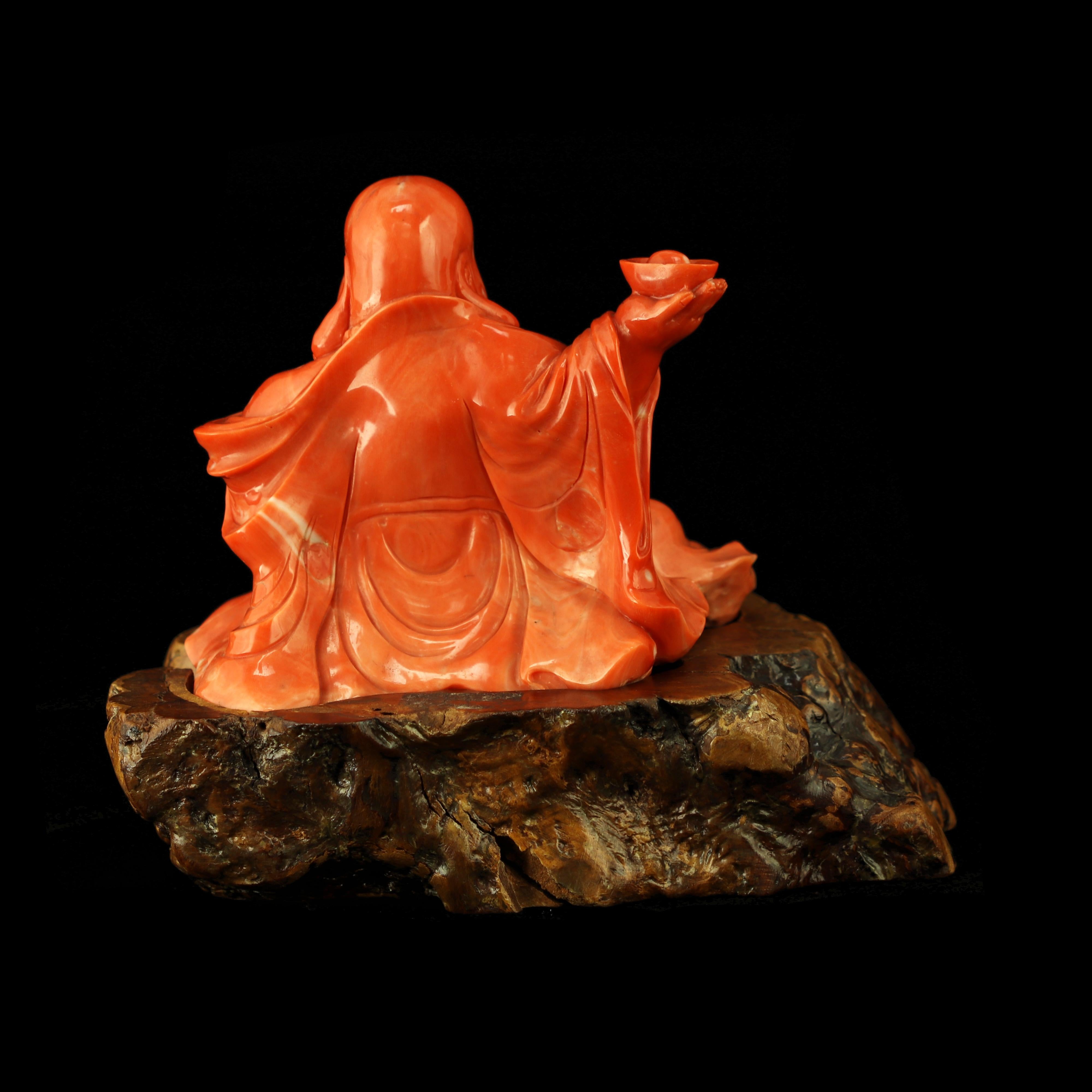 20th Century Red Coral Natural Laughing Buddha Carved Asian Decorative Art Statue Sculpture For Sale