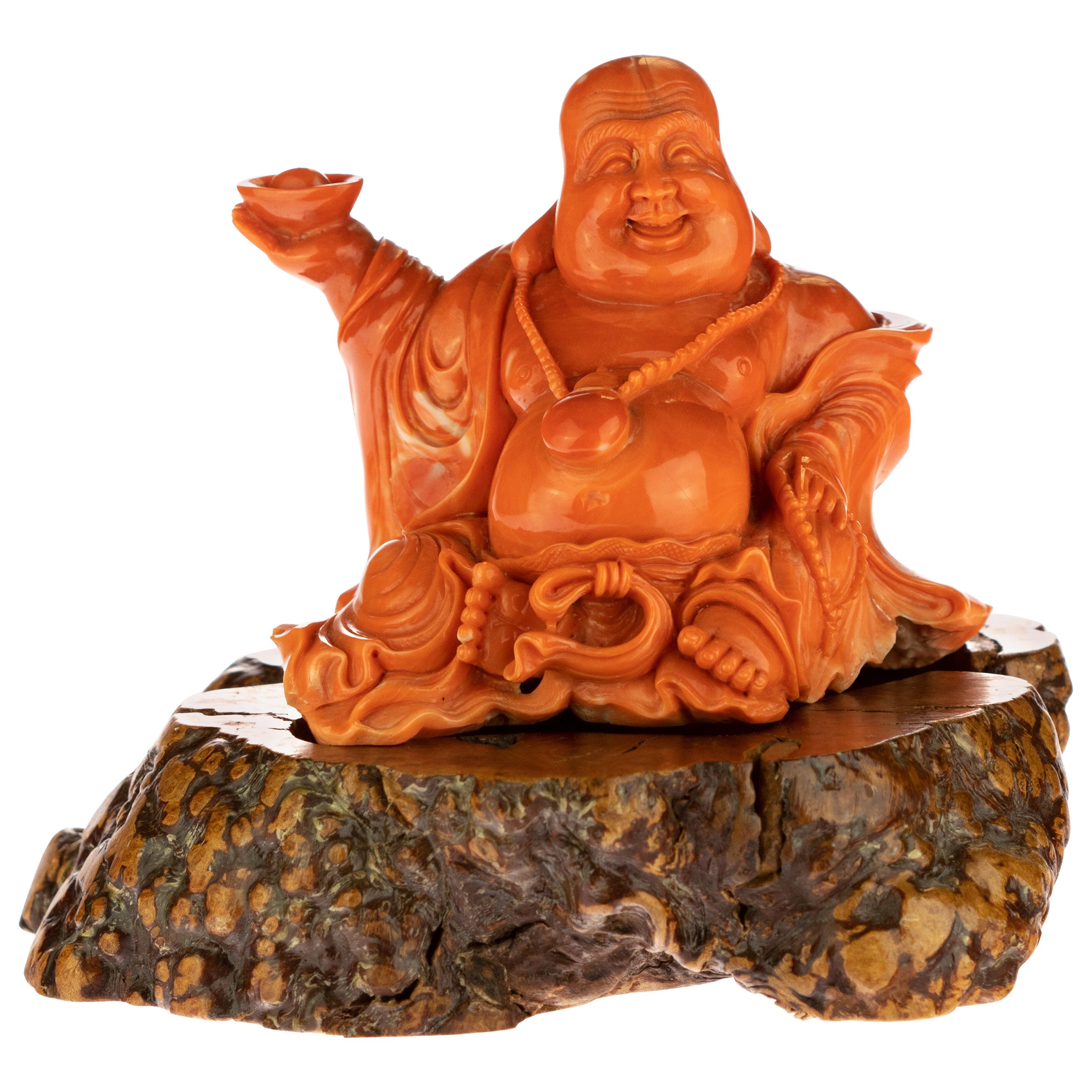 Red Coral Natural Laughing Buddha Carved Asian Decorative Art Statue Sculpture For Sale