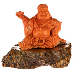 Red Coral Natural Laughing Buddha Carved Asian Decorative Art Statue Sculpture