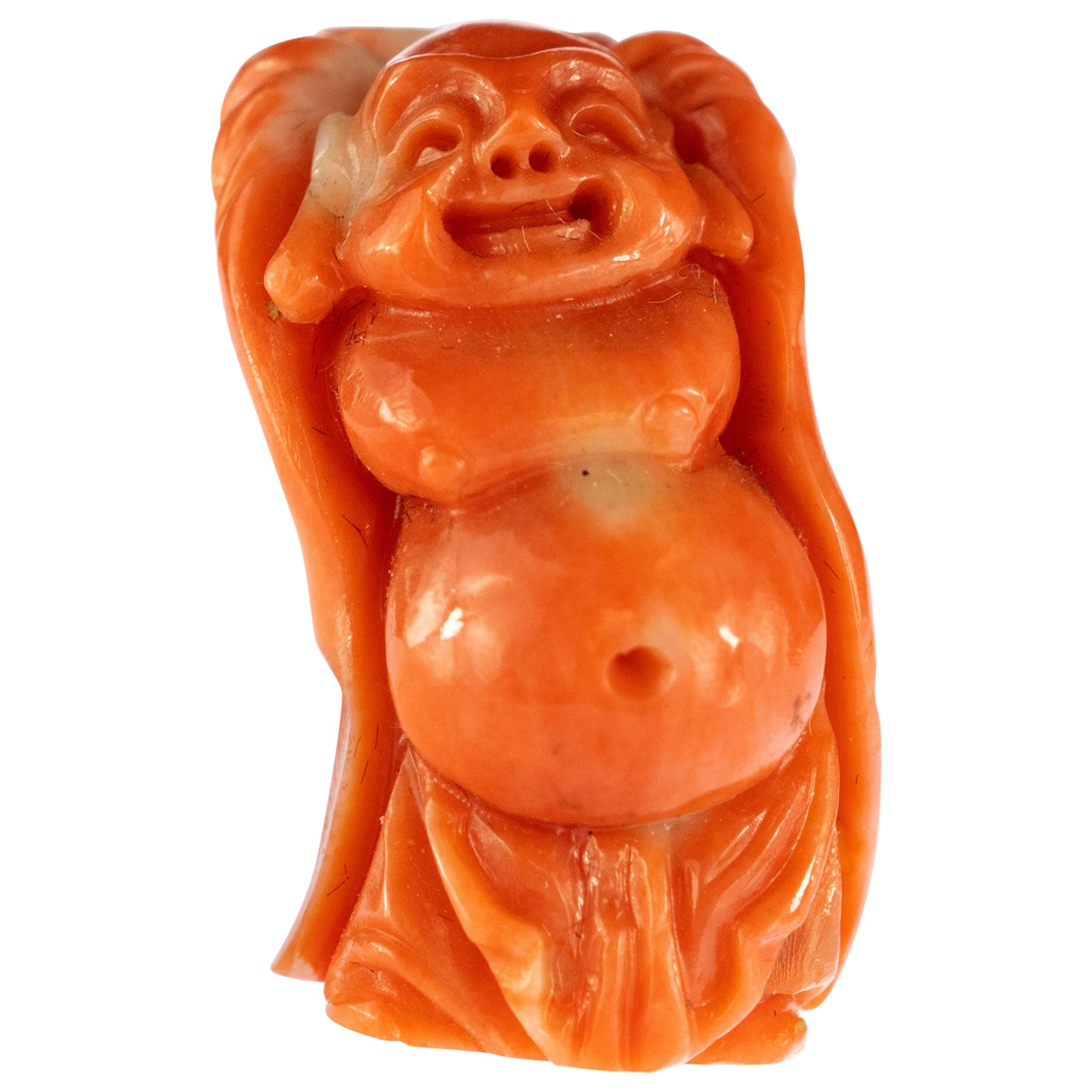 Red Coral Natural Laughing Buddha Carved Gemstone Asian Art Statue Sculpture For Sale
