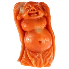 Red Coral Natural Laughing Buddha Carved Gemstone Asian Art Statue Sculpture